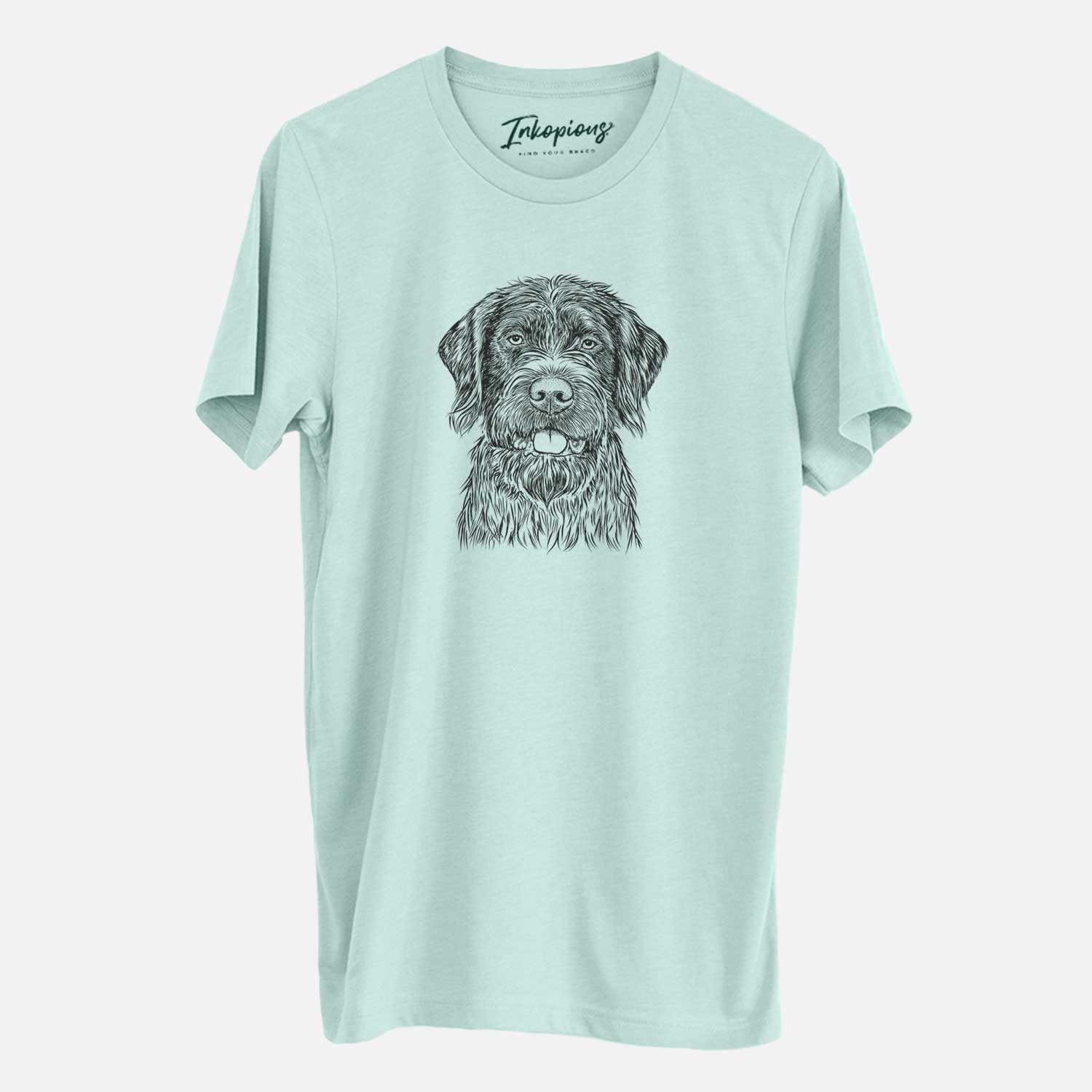 Hand-drawn sketch of Fletcher the Wirehaired Pointing Griffon on a Heather Sage Unisex crewneck