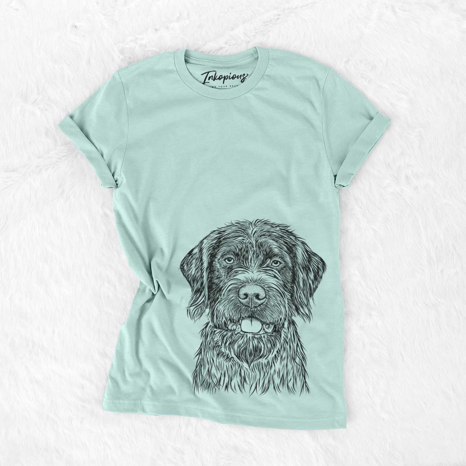 Hand-drawn sketch of Fletcher the Wirehaired Pointing Griffon on a Heather Sage Unisex crewneck