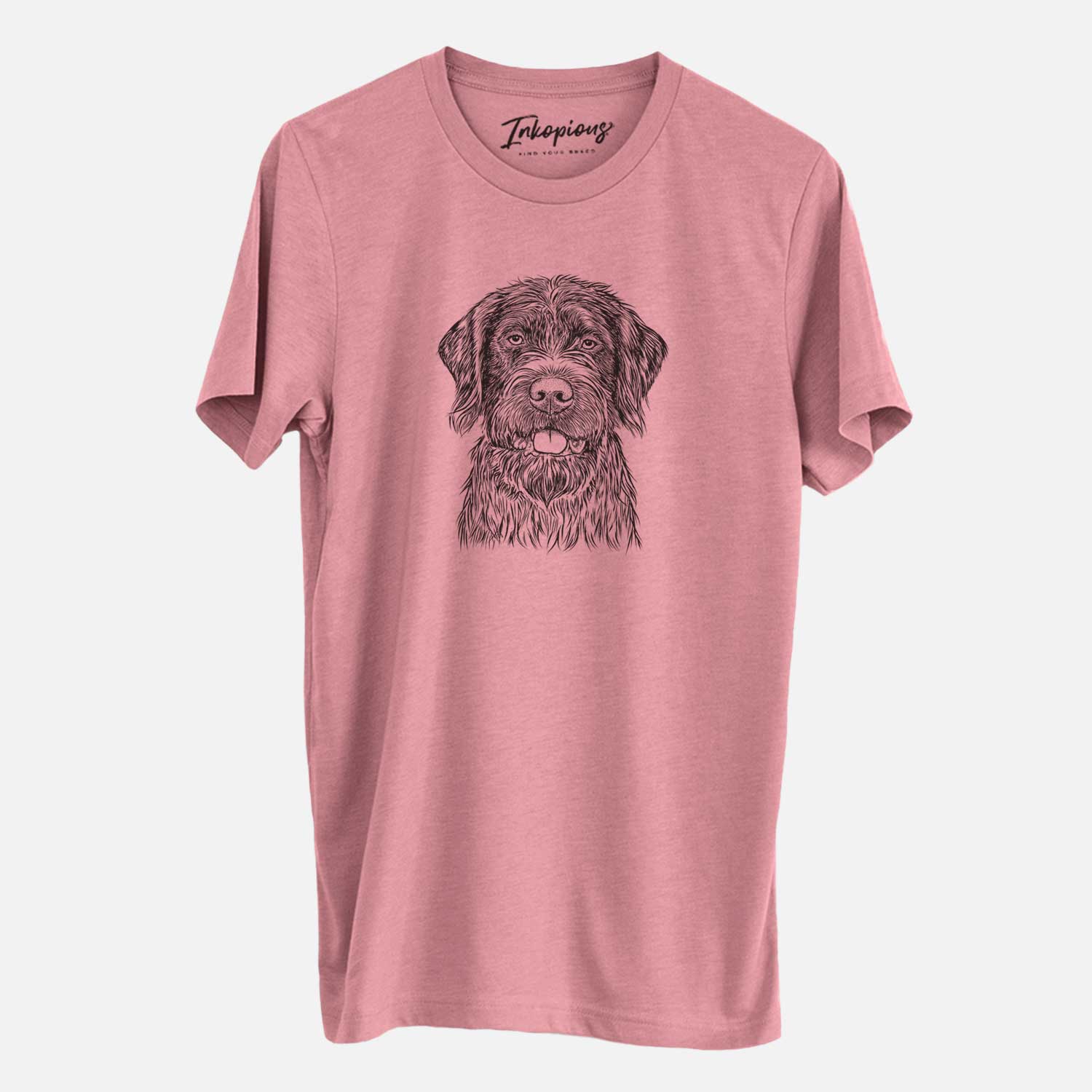 Hand-drawn sketch of Fletcher the Wirehaired Pointing Griffon on a Mauve Unisex crewneck