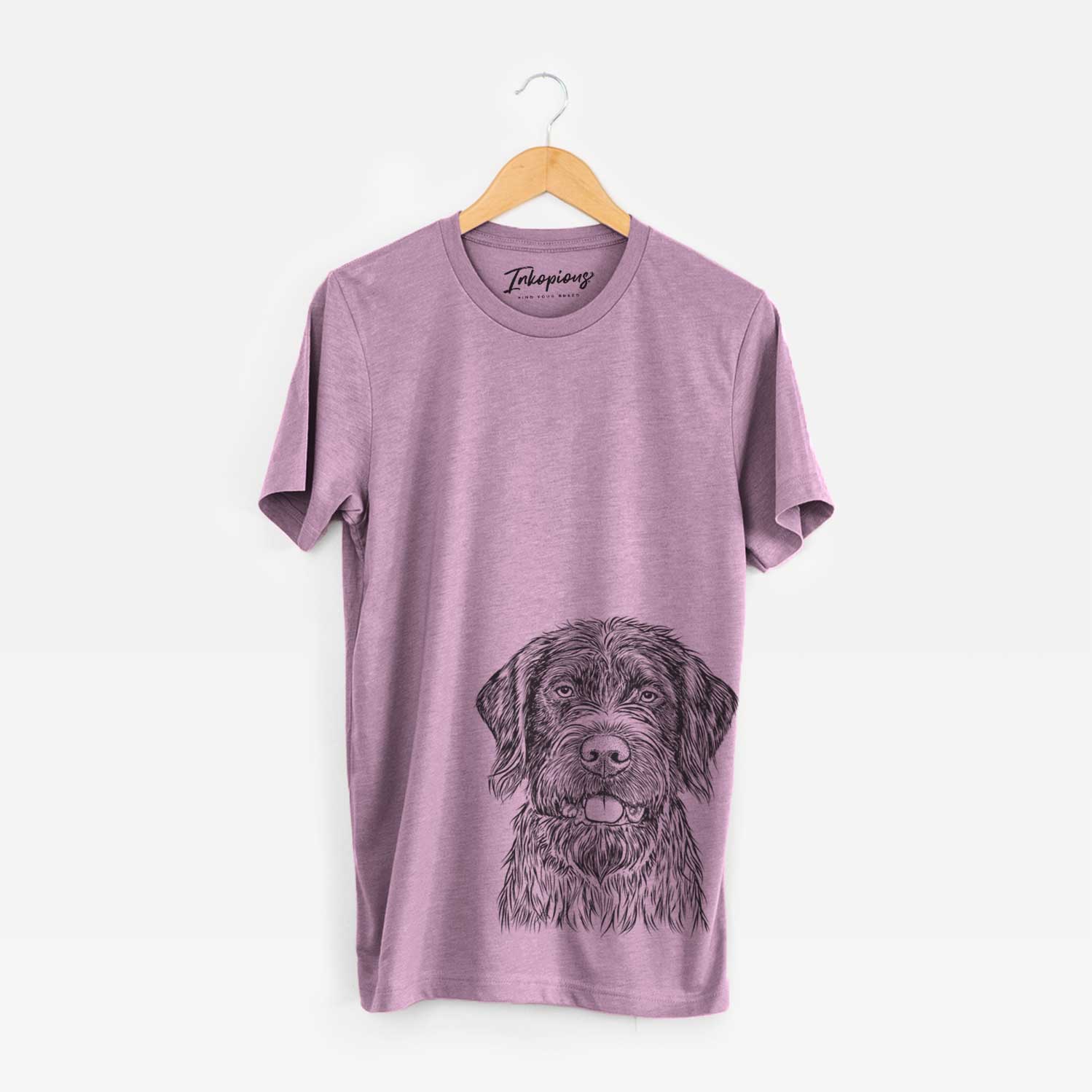Hand-drawn sketch of Fletcher the Wirehaired Pointing Griffon on an Orchid Unisex crewneck