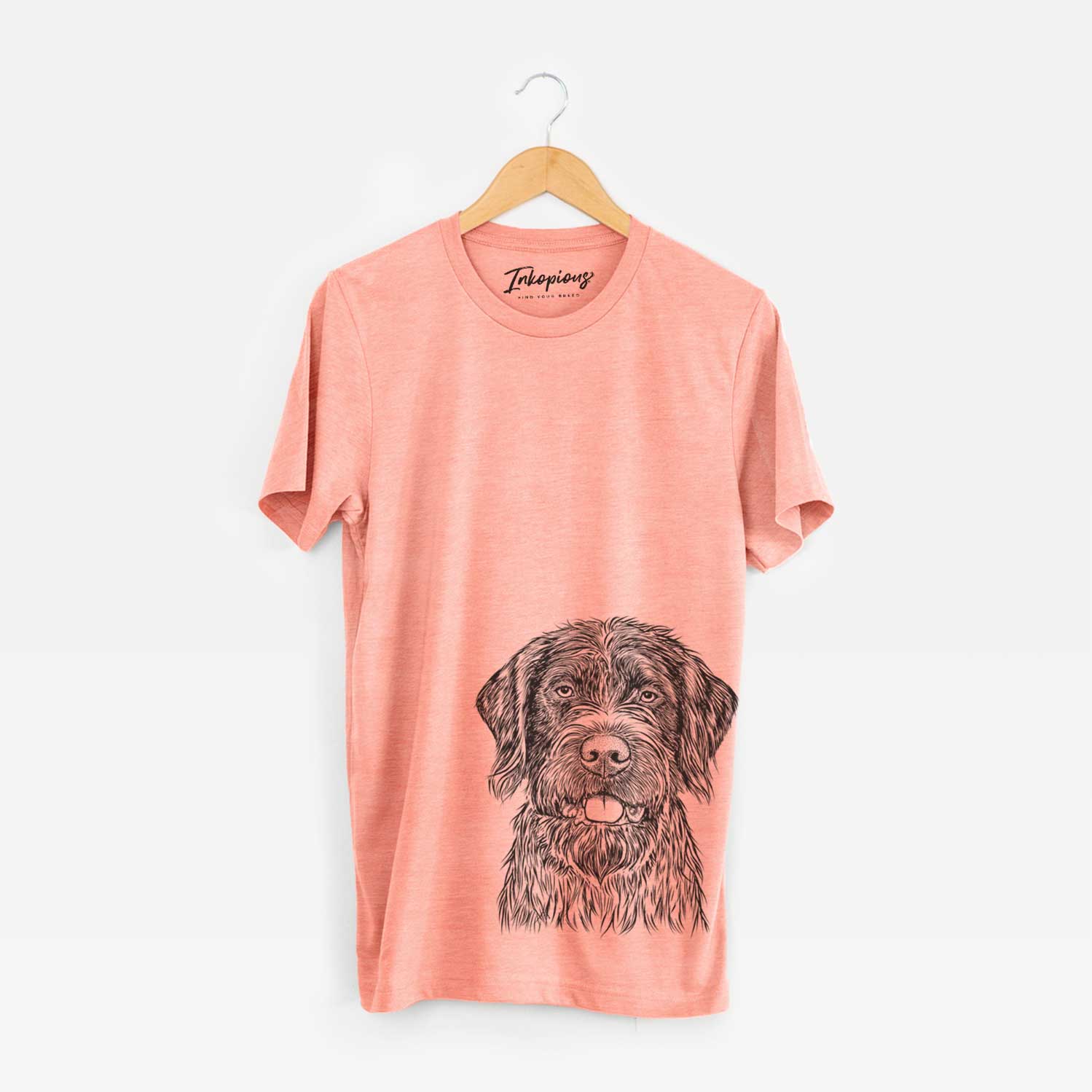 Hand-drawn sketch of Fletcher the Wirehaired Pointing Griffon on a Sunset Unisex crewneck