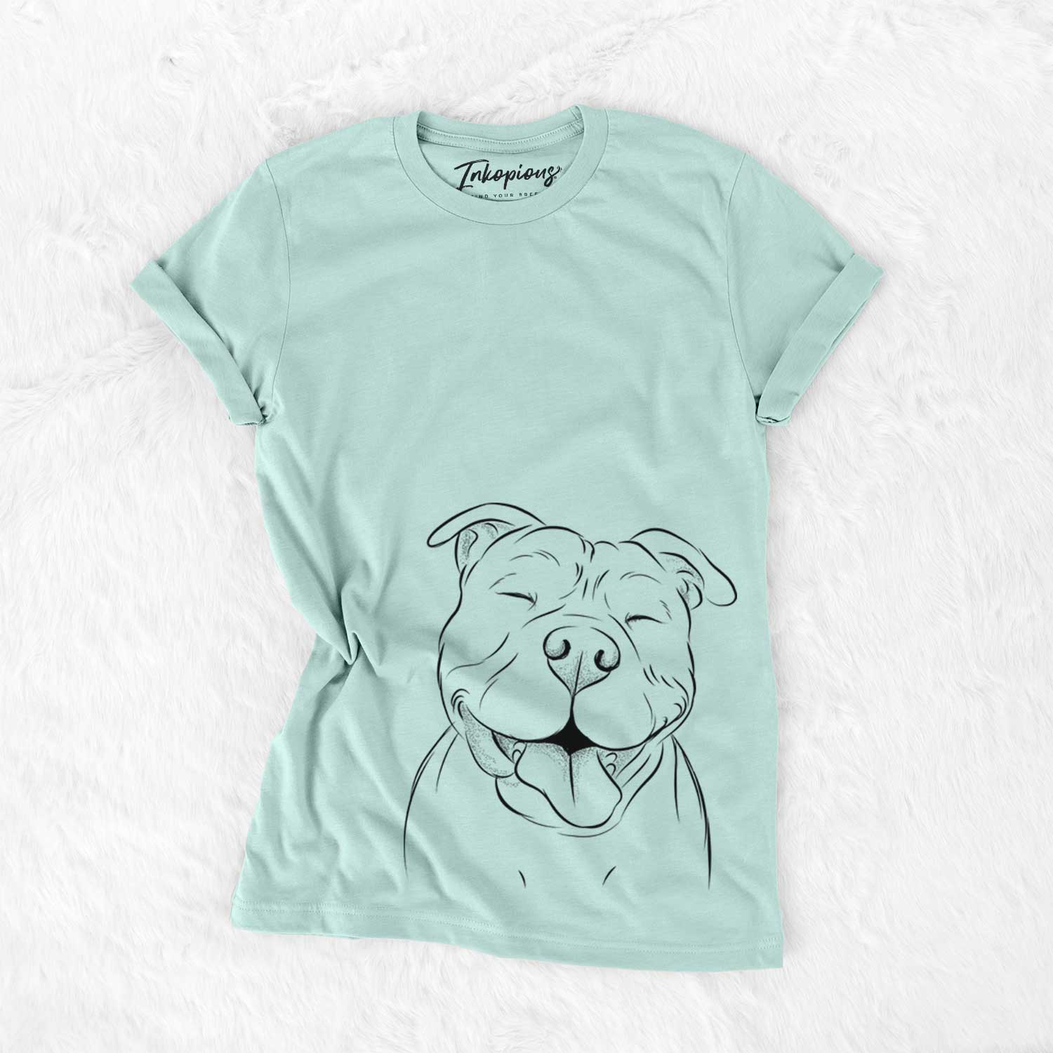 Hand-drawn sketch of Floki the American Bully on a Heather Sage Bella Canvas Unisex Crewneck