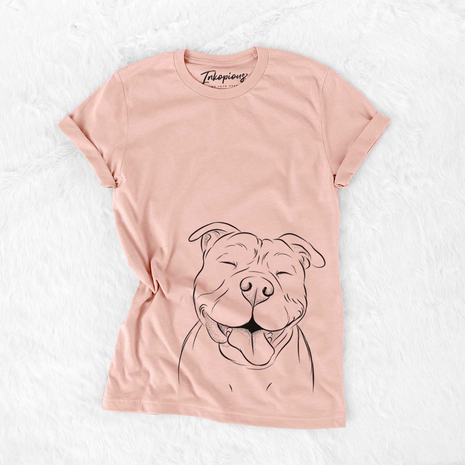 Hand-drawn sketch of Floki the American Bully on a Peach Bella Canvas Unisex Crewneck