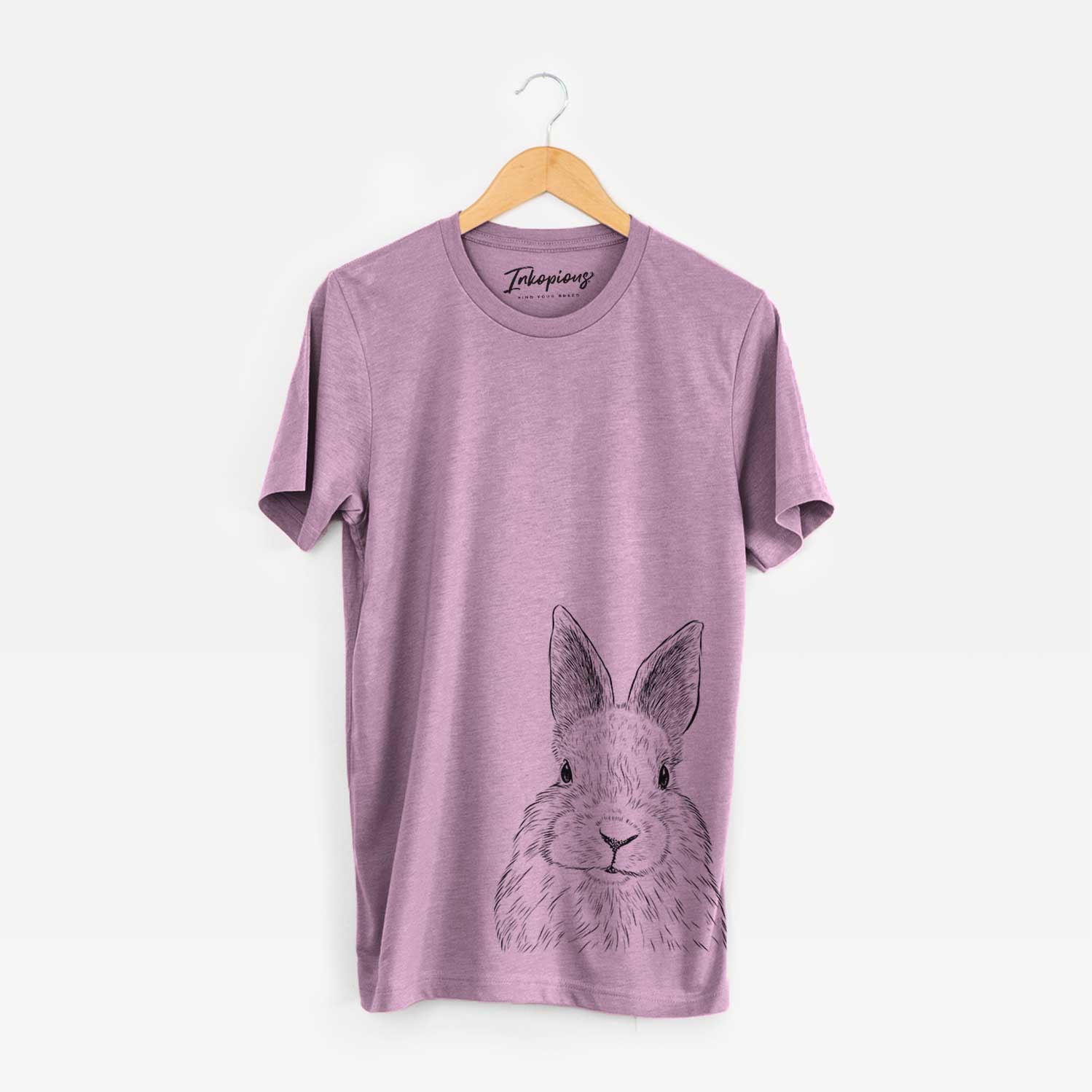 Hand-drawn sketch of Flower the Rex Rabbit on an Orchid Bella Canvas Unisex Crewneck