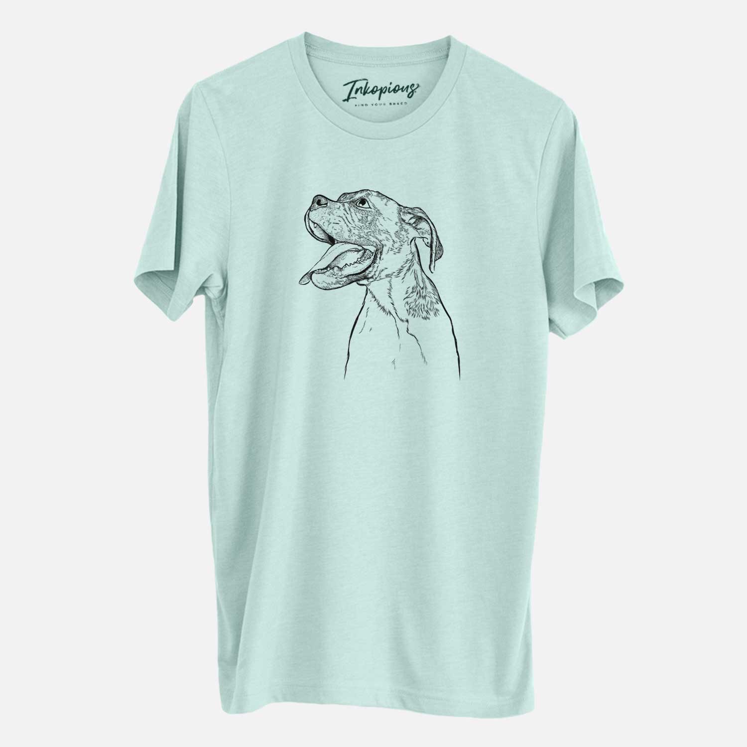 Hand-drawn sketch of Floyd the Boxer on a Heather Sage Unisex crewneck