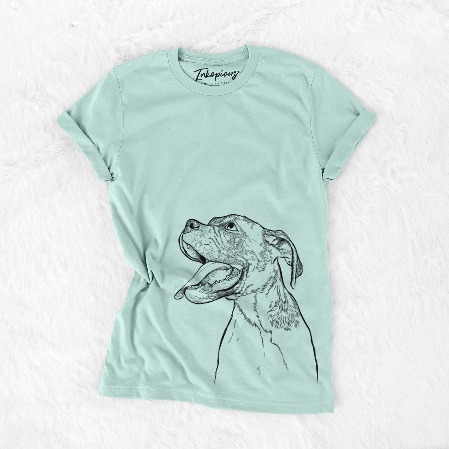 Hand-drawn sketch of Floyd the Boxer on a Heather Sage Unisex crewneck