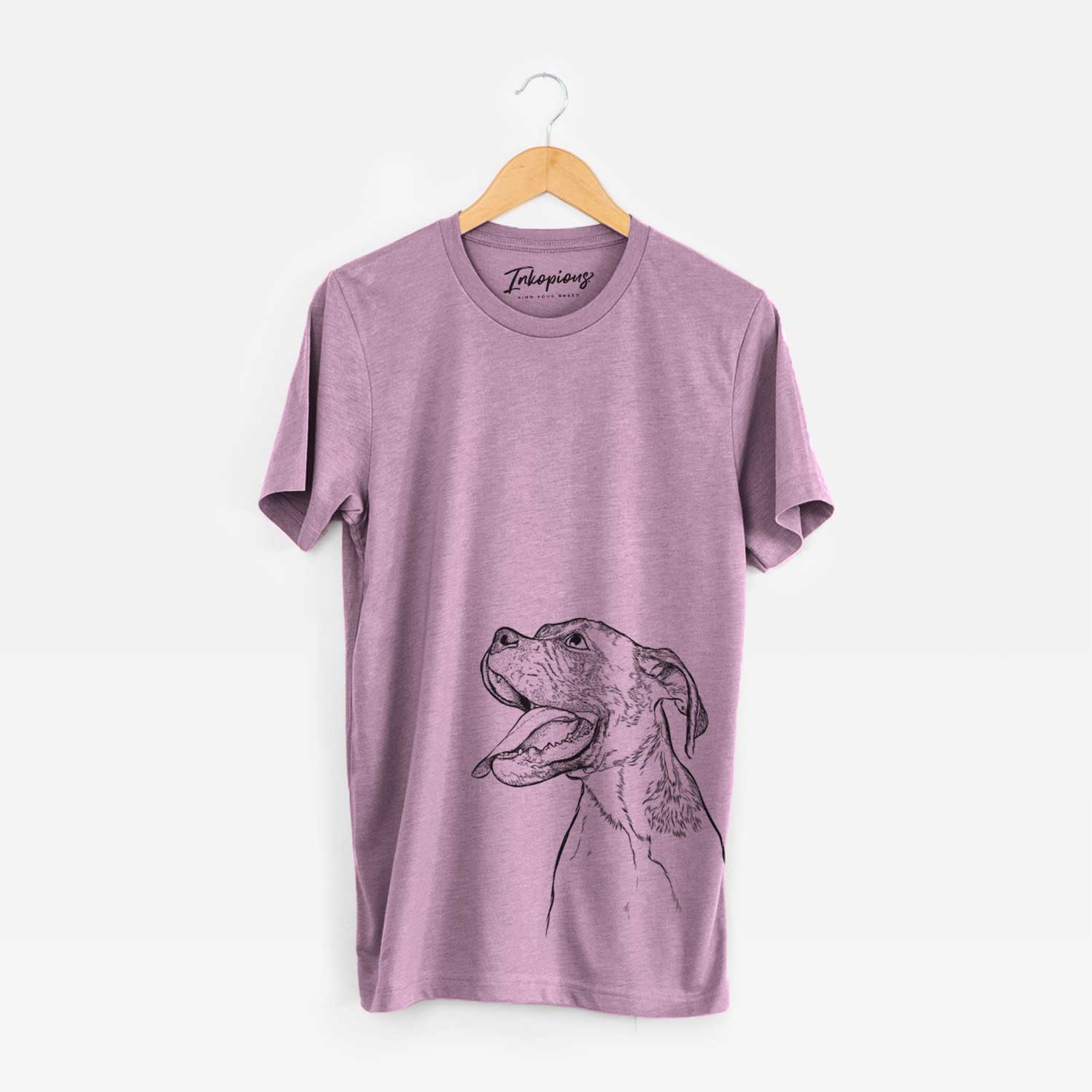 Hand-drawn sketch of Floyd the Boxer on an Orchid Unisex crewneck