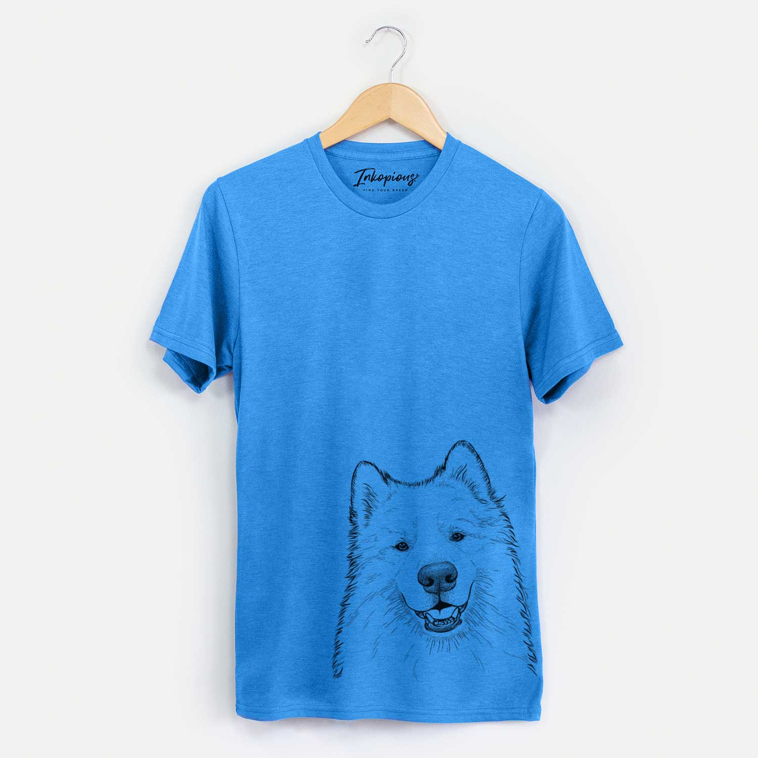 Hand-drawn sketch of Foster the Samoyed on a Blue Unisex crewneck