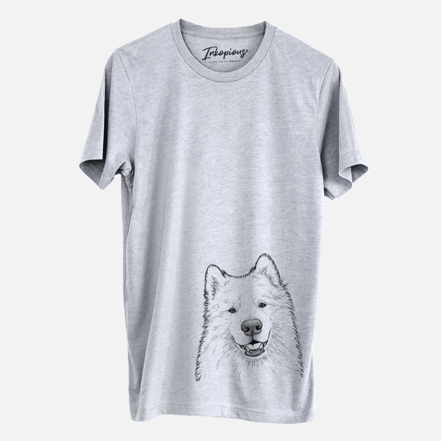 Hand-drawn sketch of Foster the Samoyed on a Grey Unisex crewneck