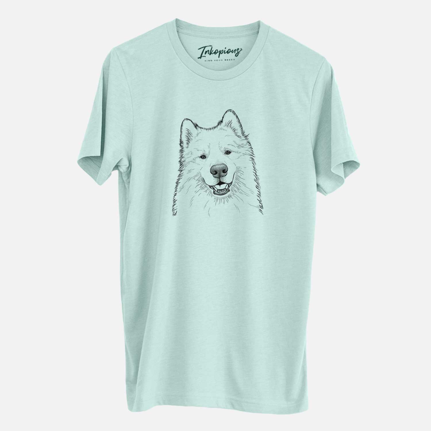 Hand-drawn sketch of Foster the Samoyed on a Heather Sage Unisex crewneck