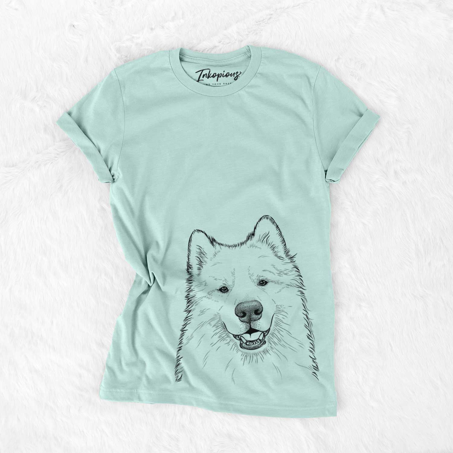 Hand-drawn sketch of Foster the Samoyed on a Heather Sage Unisex crewneck