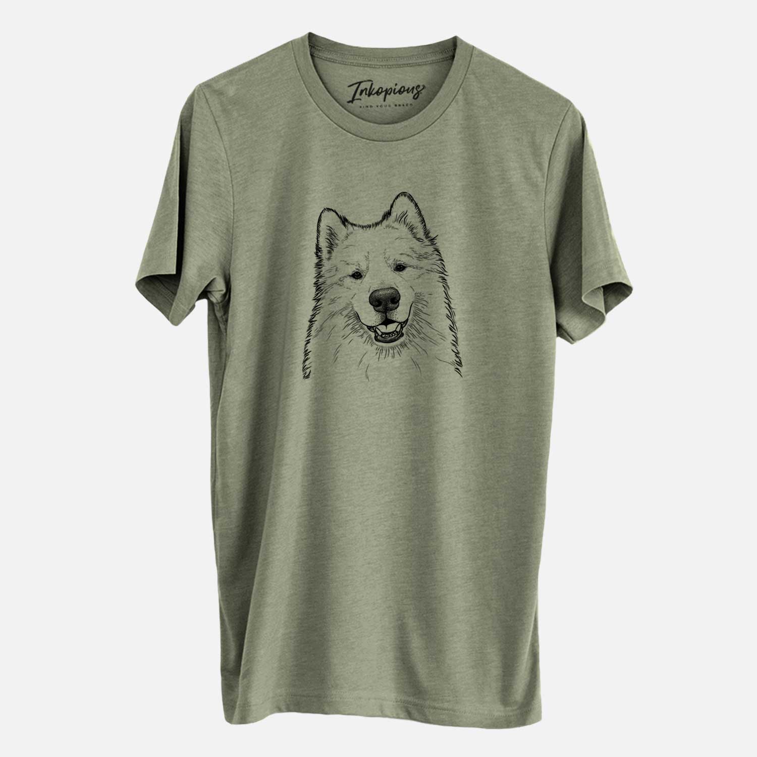 Hand-drawn sketch of Foster the Samoyed on an Olive Unisex crewneck
