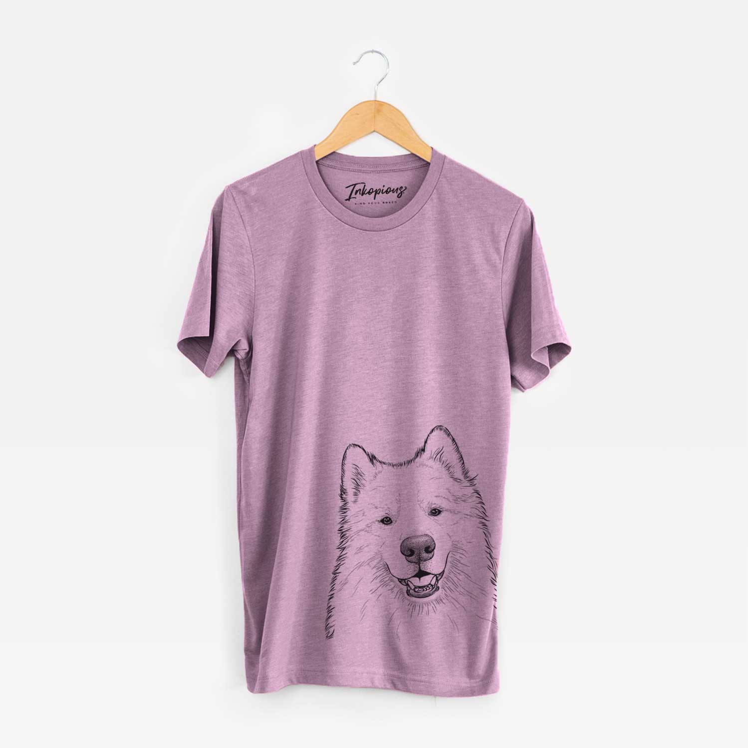 Hand-drawn sketch of Foster the Samoyed on an Orchid Unisex crewneck