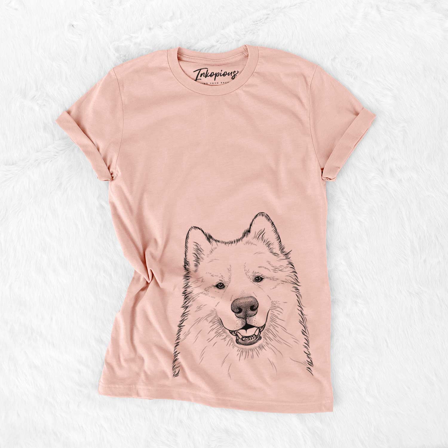 Hand-drawn sketch of Foster the Samoyed on a Peach Bella Canvas Unisex Crewneck