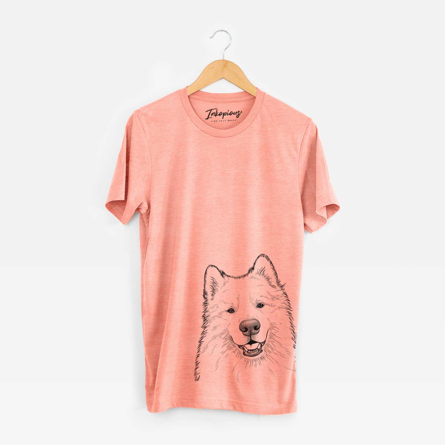 Hand-drawn sketch of Foster the Samoyed on a Sunset Bella Canvas Unisex Crewneck