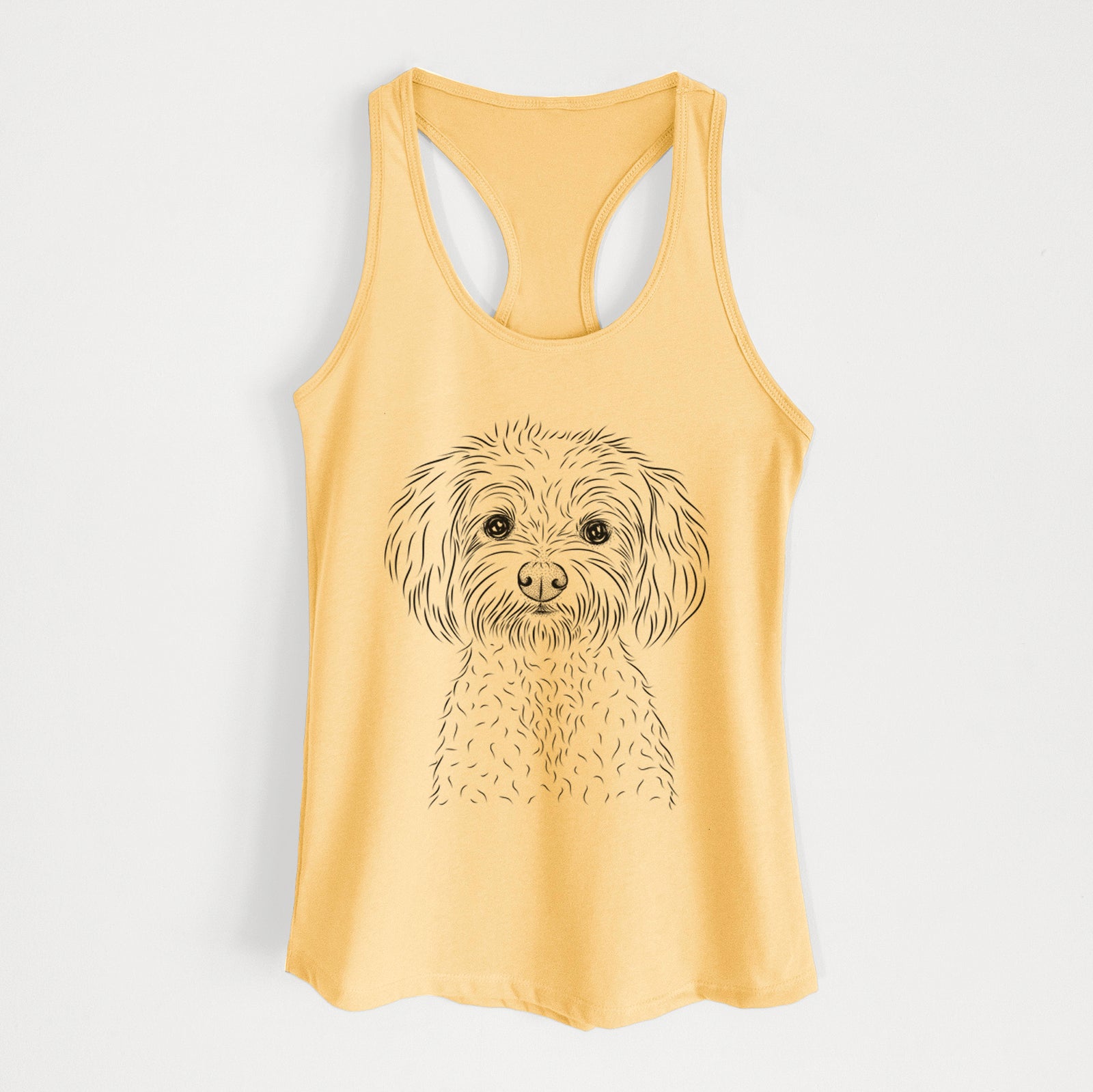Hand-drawn sketch of Francesca the Maltipoo on a Banana Cream Women's racerback tanktop