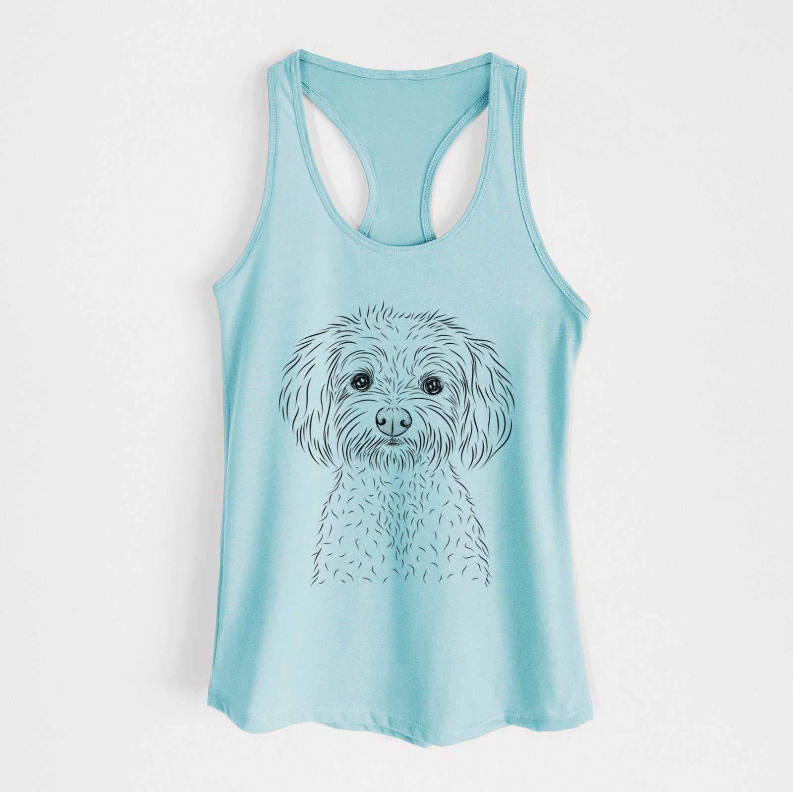 Hand-drawn sketch of Francesca the Maltipoo on a Cancun Blue Women's racerback tanktop