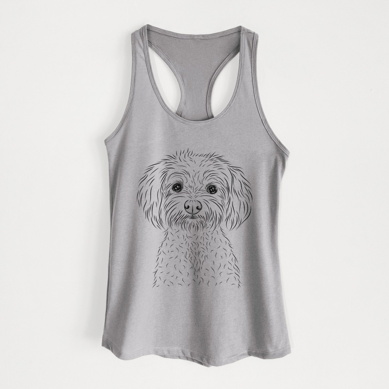 Hand-drawn sketch of Francesca the Maltipoo on a Heather Grey Women's racerback tanktop