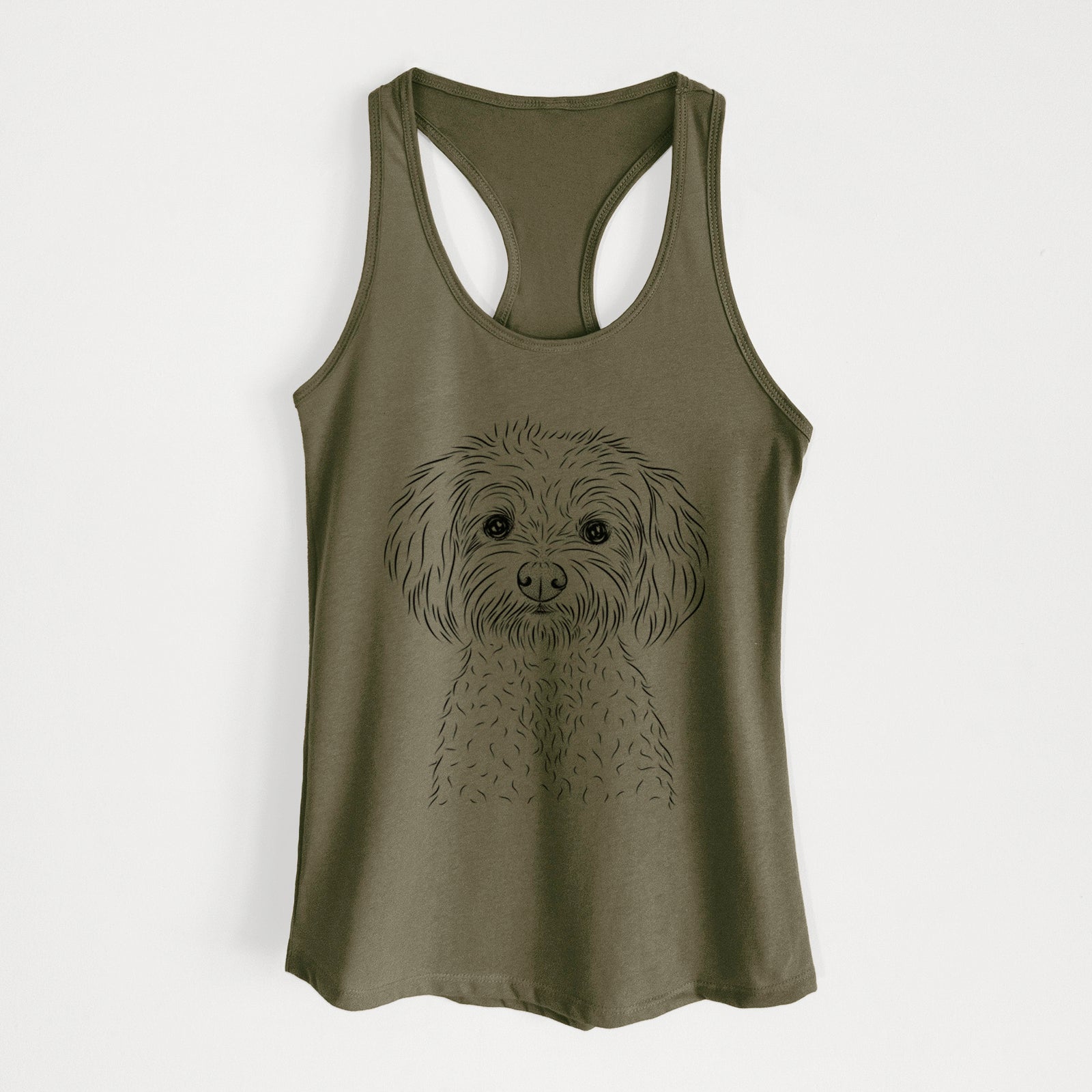 Hand-drawn sketch of Francesca the Maltipoo on a Military Green Women's racerback tanktop