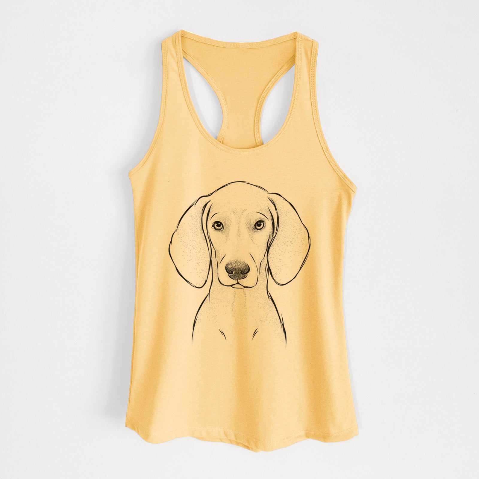 Hand-drawn sketch of Frejya the Weimaraner on a Banana Cream Women's racerback tanktop