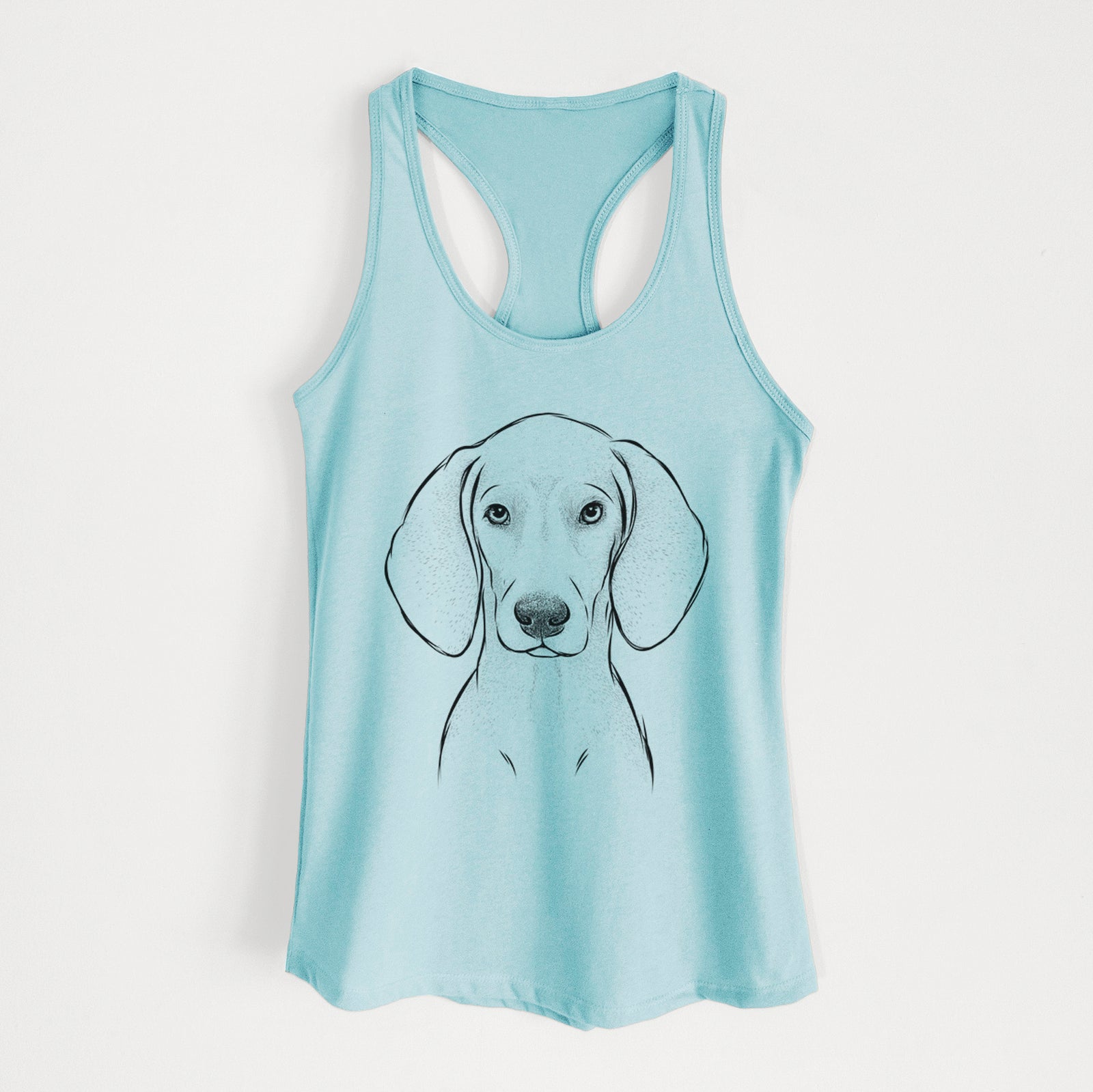 Hand-drawn sketch of Frejya the Weimaraner on a Cancun Blue Women's racerback tanktop