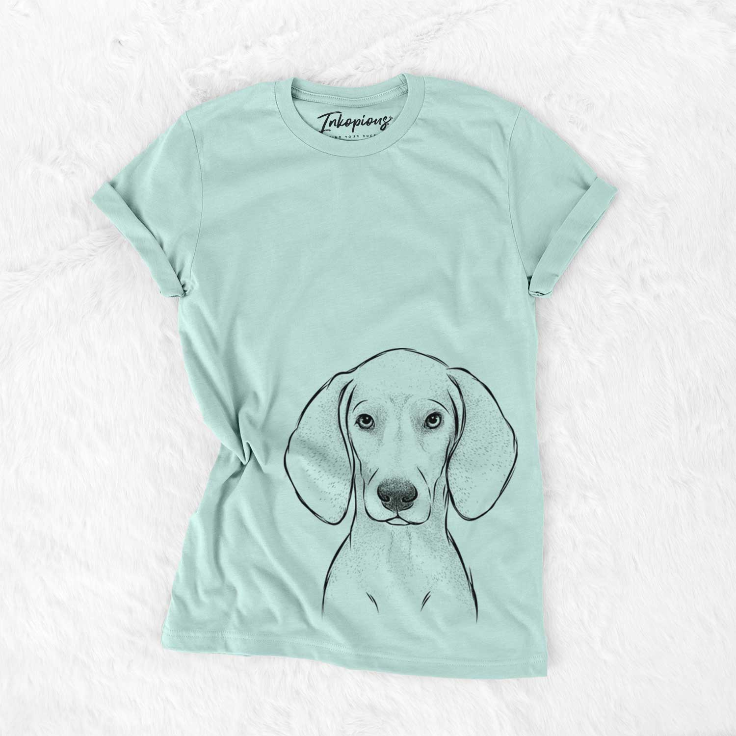 Hand-drawn sketch of Frejya the Weimaraner on a Heather Sage Unisex crewneck