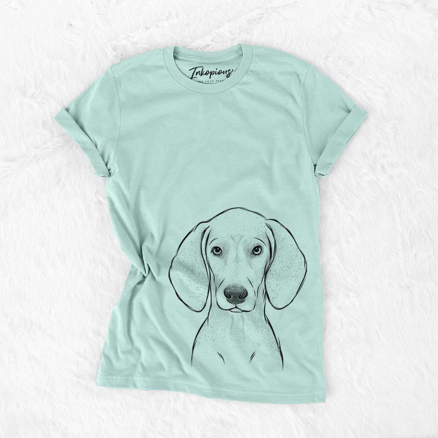 Hand-drawn sketch of Frejya the Weimaraner on a Heather Sage Bella Canvas Unisex Crewneck