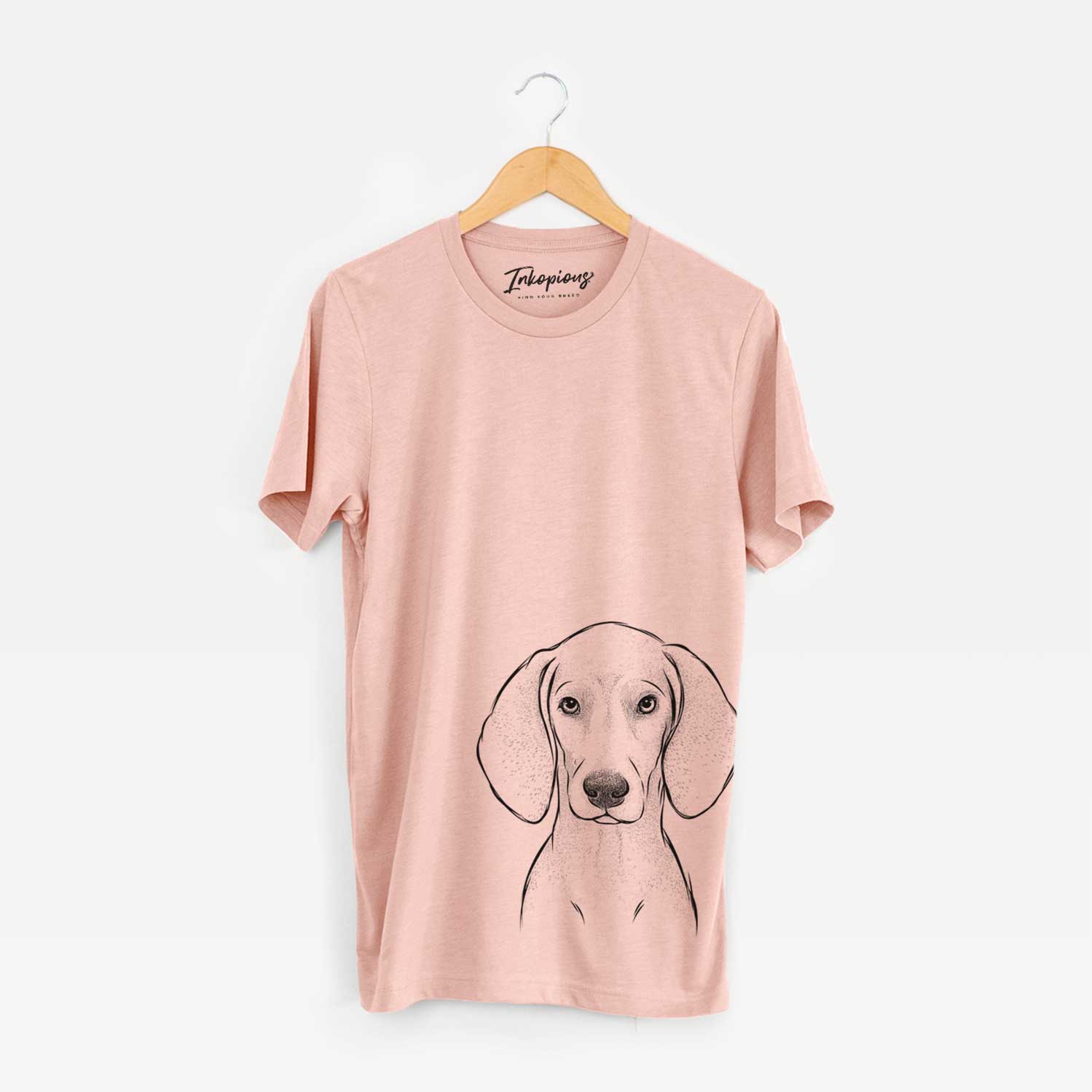 Hand-drawn sketch of Frejya the Weimaraner on a Peach Bella Canvas Unisex Crewneck