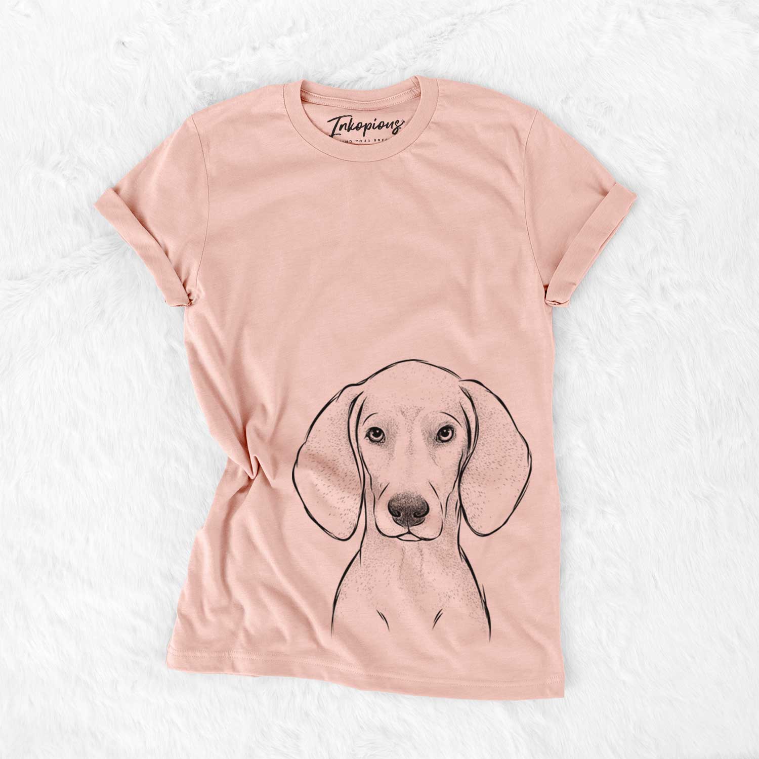 Hand-drawn sketch of Frejya the Weimaraner on a Peach Bella Canvas Unisex Crewneck
