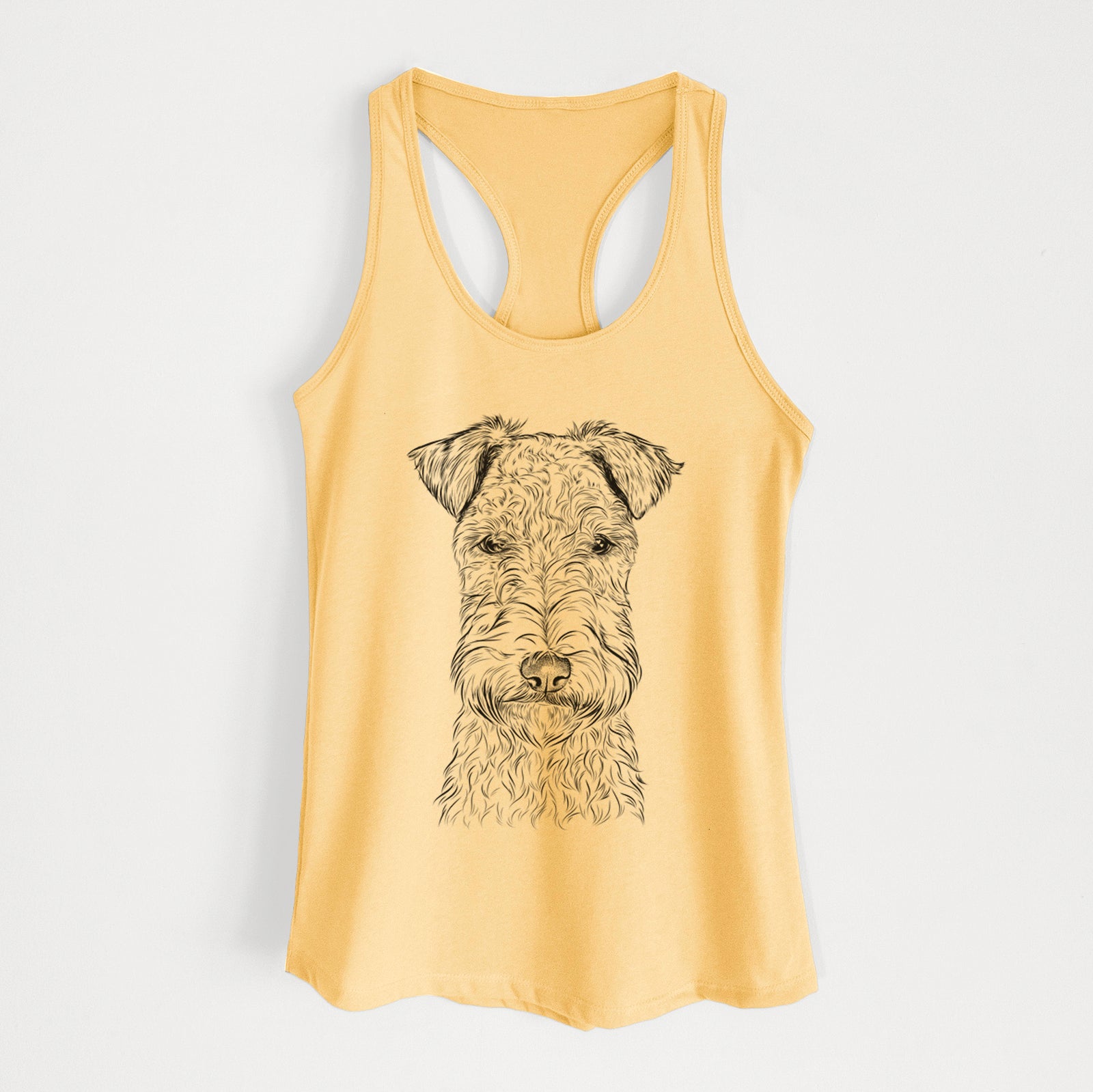 Hand-drawn sketch of Frida the Lakeland Terrier on a Banana Cream Women's racerback tanktop