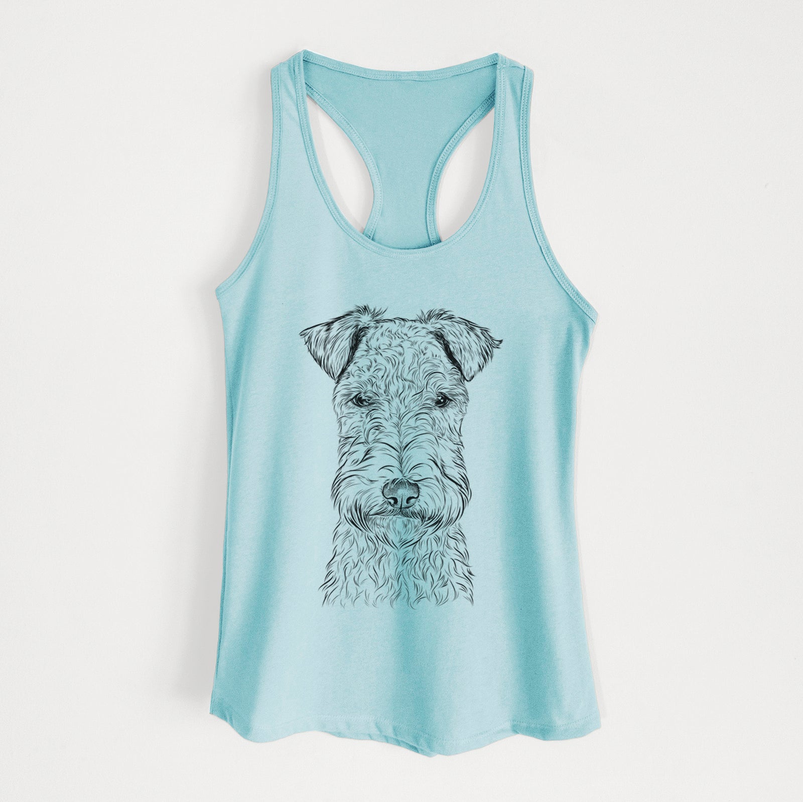 Hand-drawn sketch of Frida the Lakeland Terrier on a Cancun Blue Women's racerback tanktop