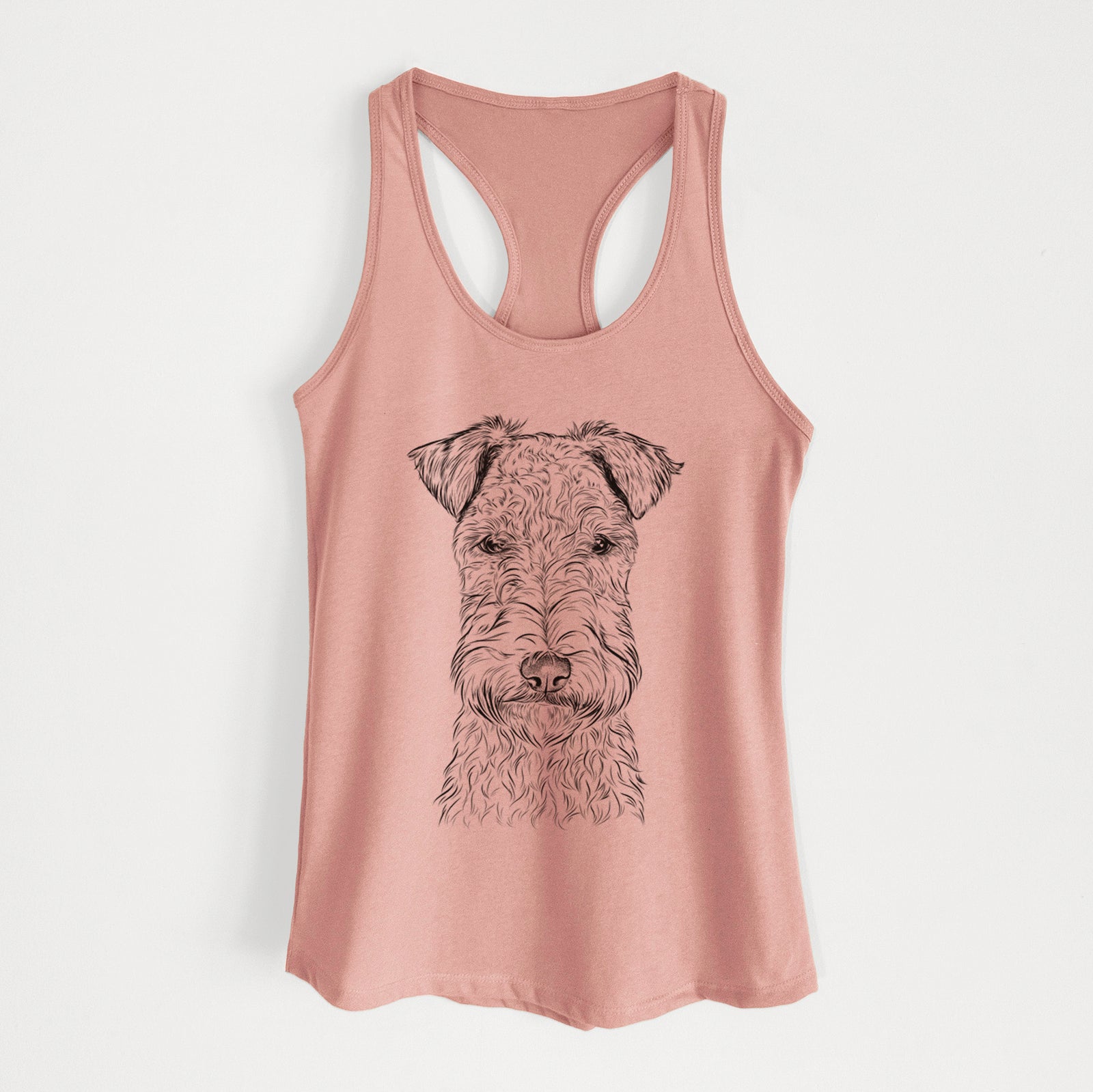 Hand-drawn sketch of Frida the Lakeland Terrier on a Desert Pink Women's racerback tanktop
