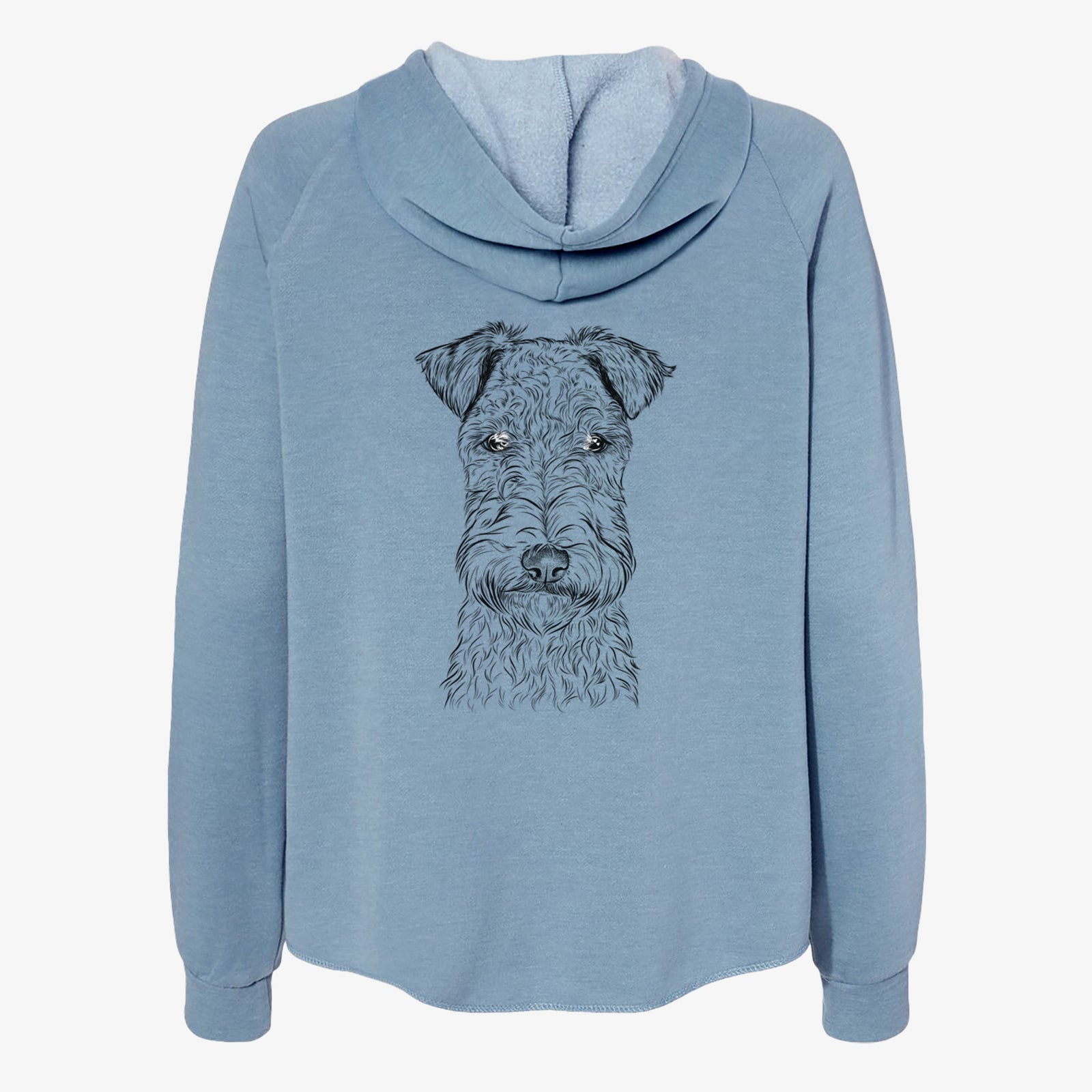 Hand-drawn sketch of Frida the Lakeland Terrier on a Misty Blue Women's cali wave zip-up sweatshirt