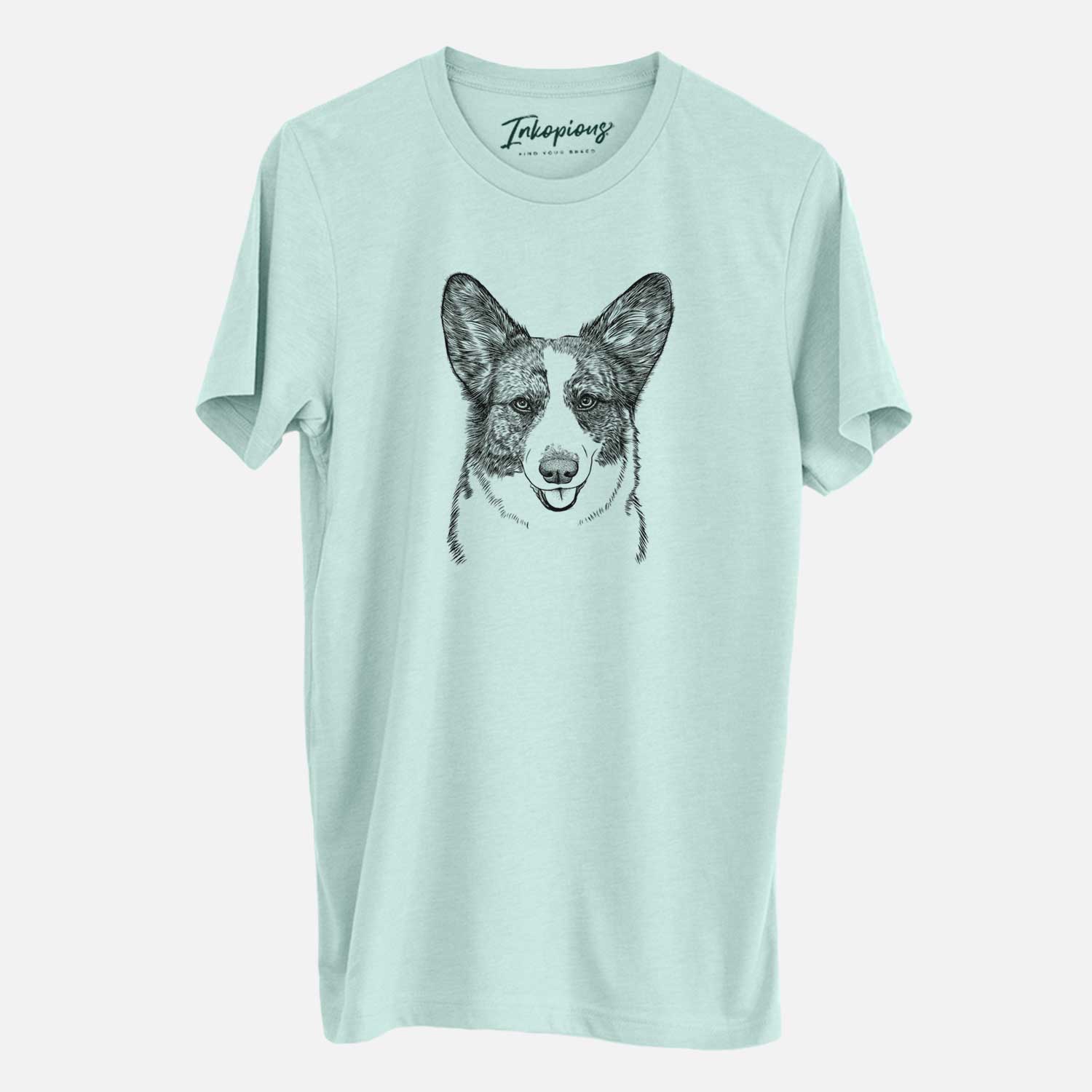 Hand-drawn sketch of Gabby the Cardigan Welsh Corgi on a Heather Sage Unisex crewneck