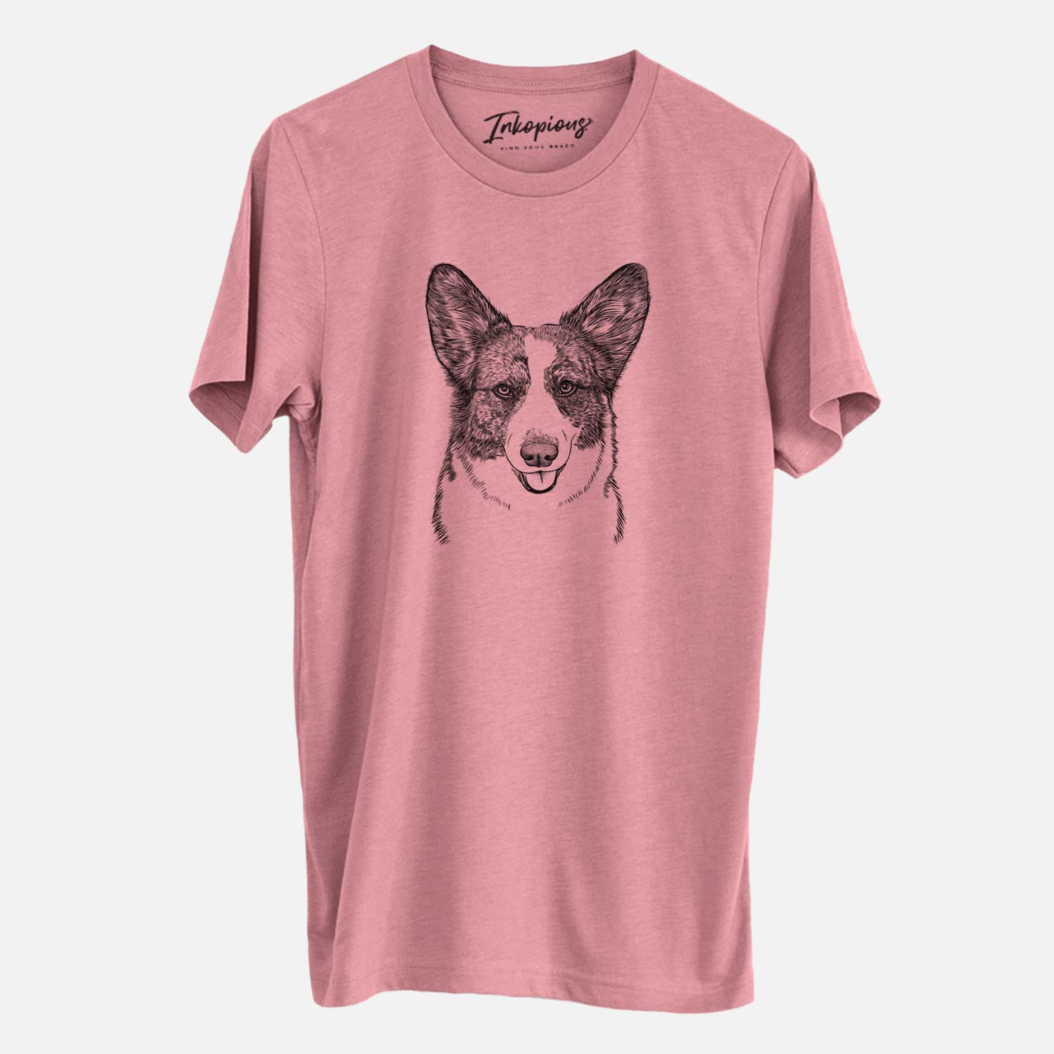 Hand-drawn sketch of Gabby the Cardigan Welsh Corgi on a Mauve Unisex crewneck