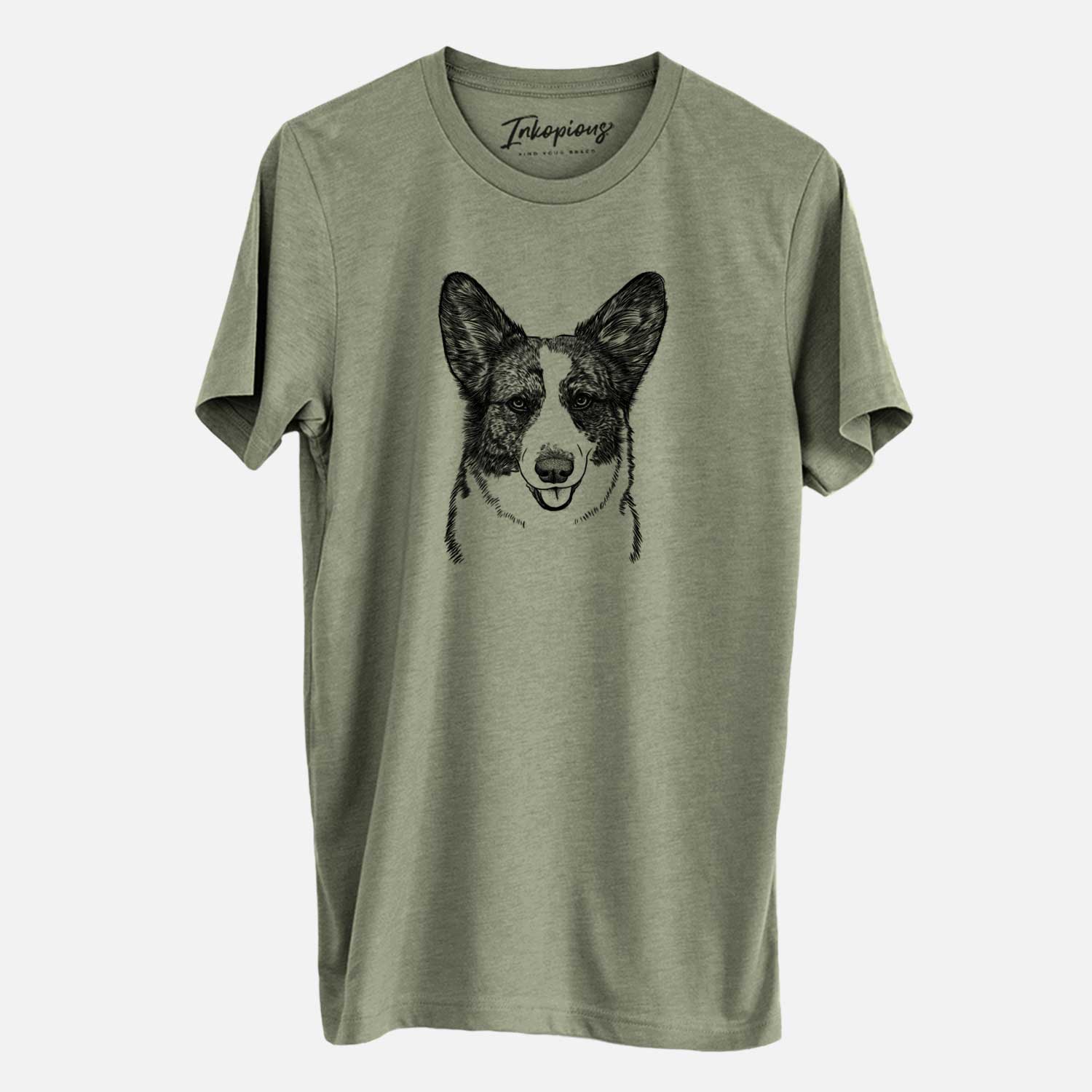 Hand-drawn sketch of Gabby the Cardigan Welsh Corgi on an Olive Unisex crewneck