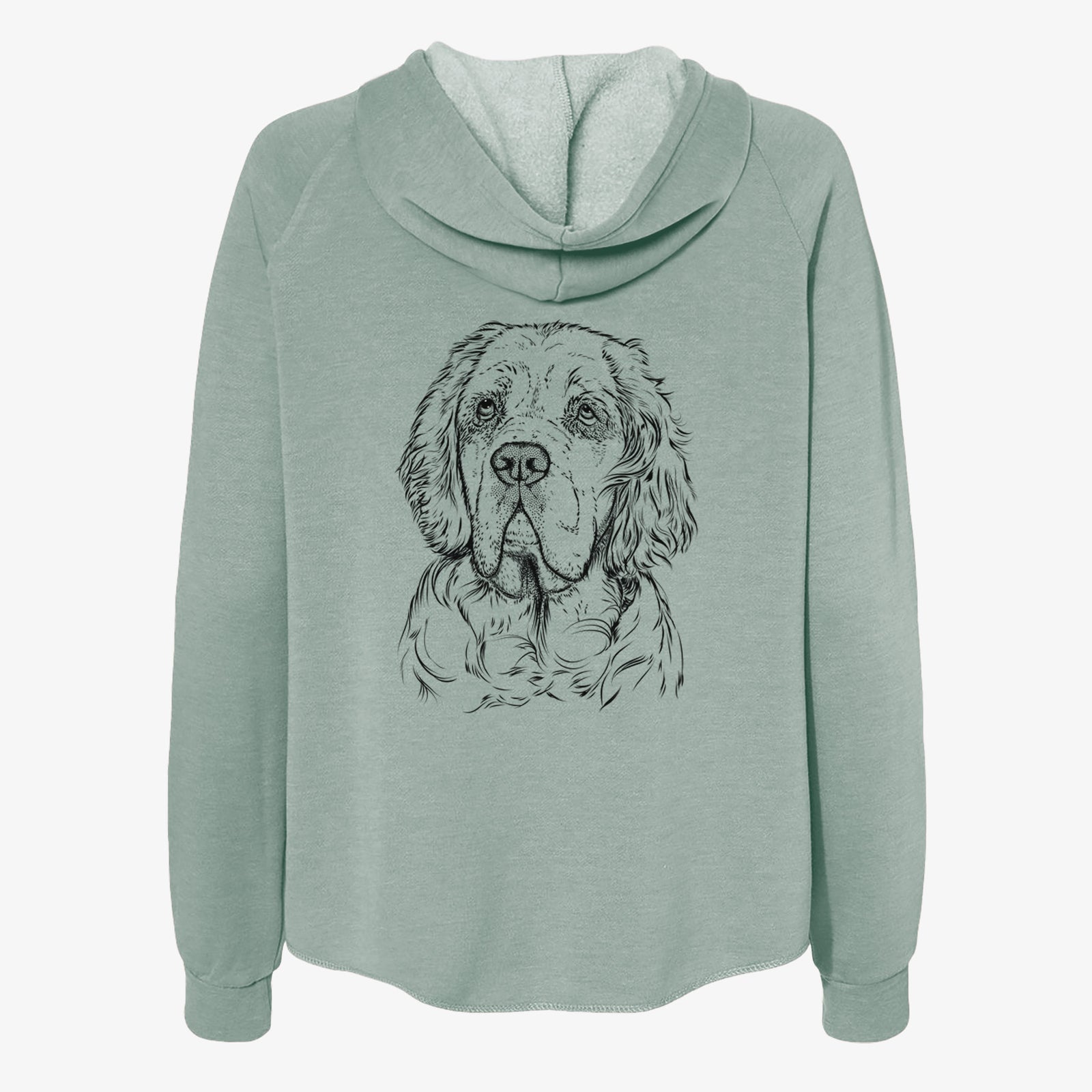 Hand-drawn sketch of Gary the Clumber Spaniel on a Sage Women's cali wave zip-up sweatshirt