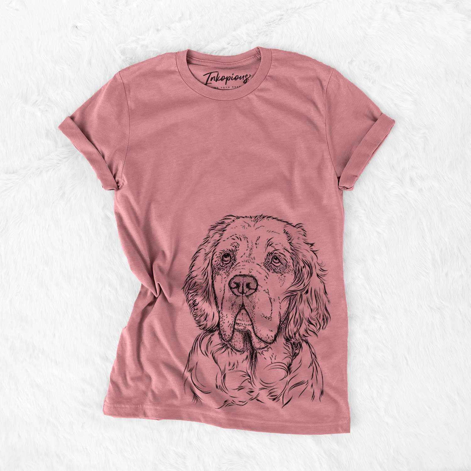 Hand-drawn sketch of Gary the Clumber Spaniel on a Mauve Bella Canvas Unisex Crewneck
