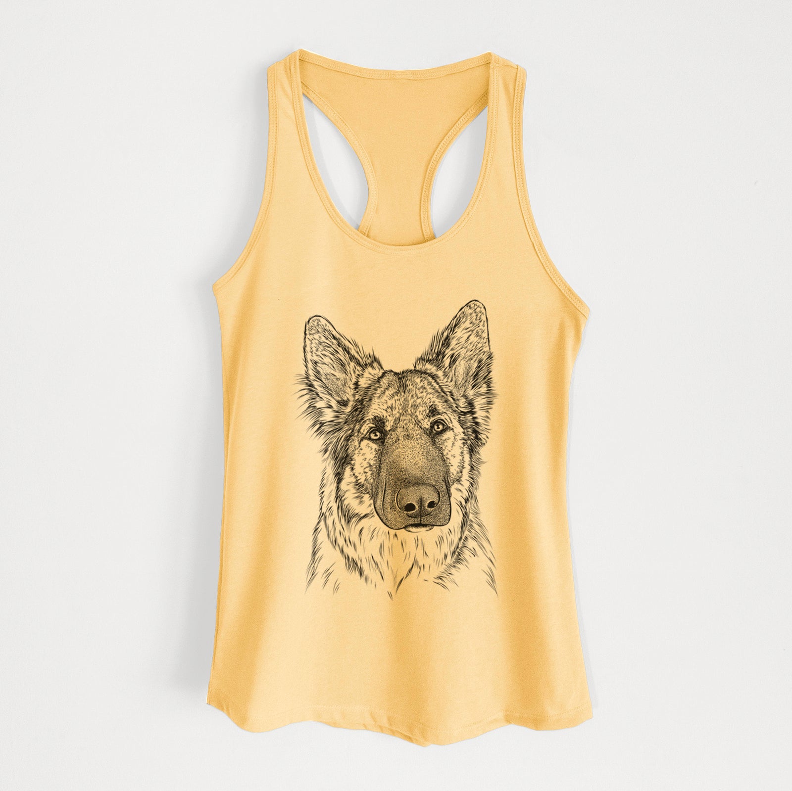 Hand-drawn sketch of Geddy the Shiloh Shepherd on a Banana Cream Women's racerback tanktop
