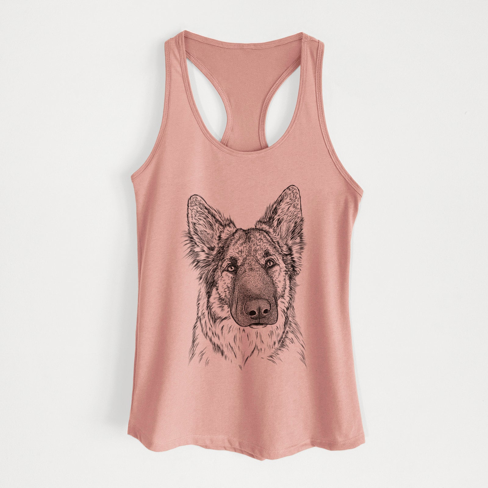 Hand-drawn sketch of Geddy the Shiloh Shepherd on a Desert Pink Women's racerback tanktop