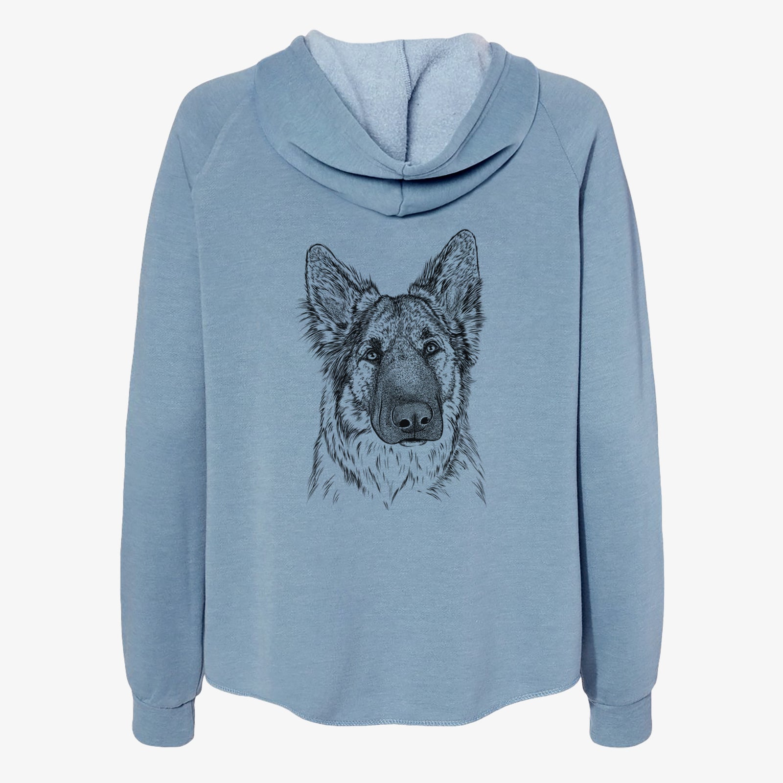 Hand-drawn sketch of Geddy the Shiloh Shepherd on a Misty Blue Women's cali wave zip-up sweatshirt