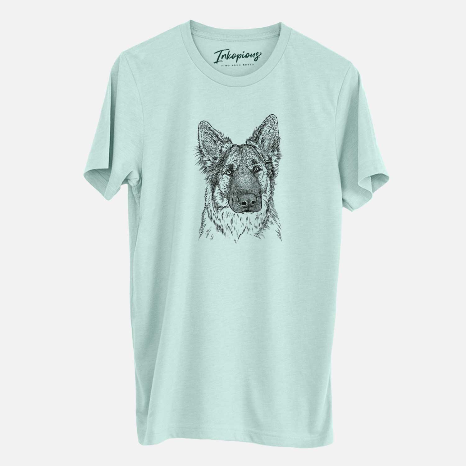 Hand-drawn sketch of Geddy the Shiloh Shepherd on a Heather Sage Unisex crewneck