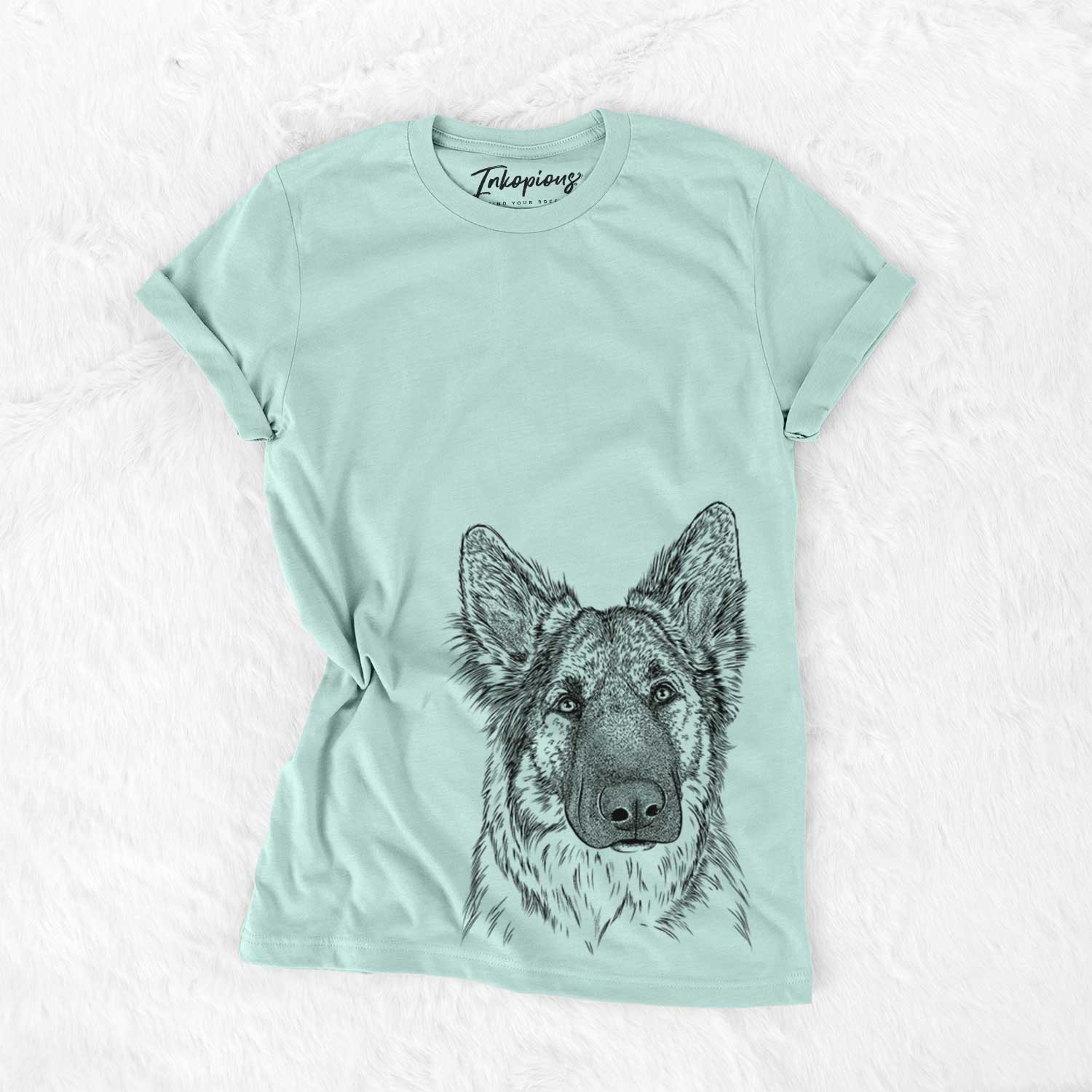 Hand-drawn sketch of Geddy the Shiloh Shepherd on a Heather Sage Unisex crewneck