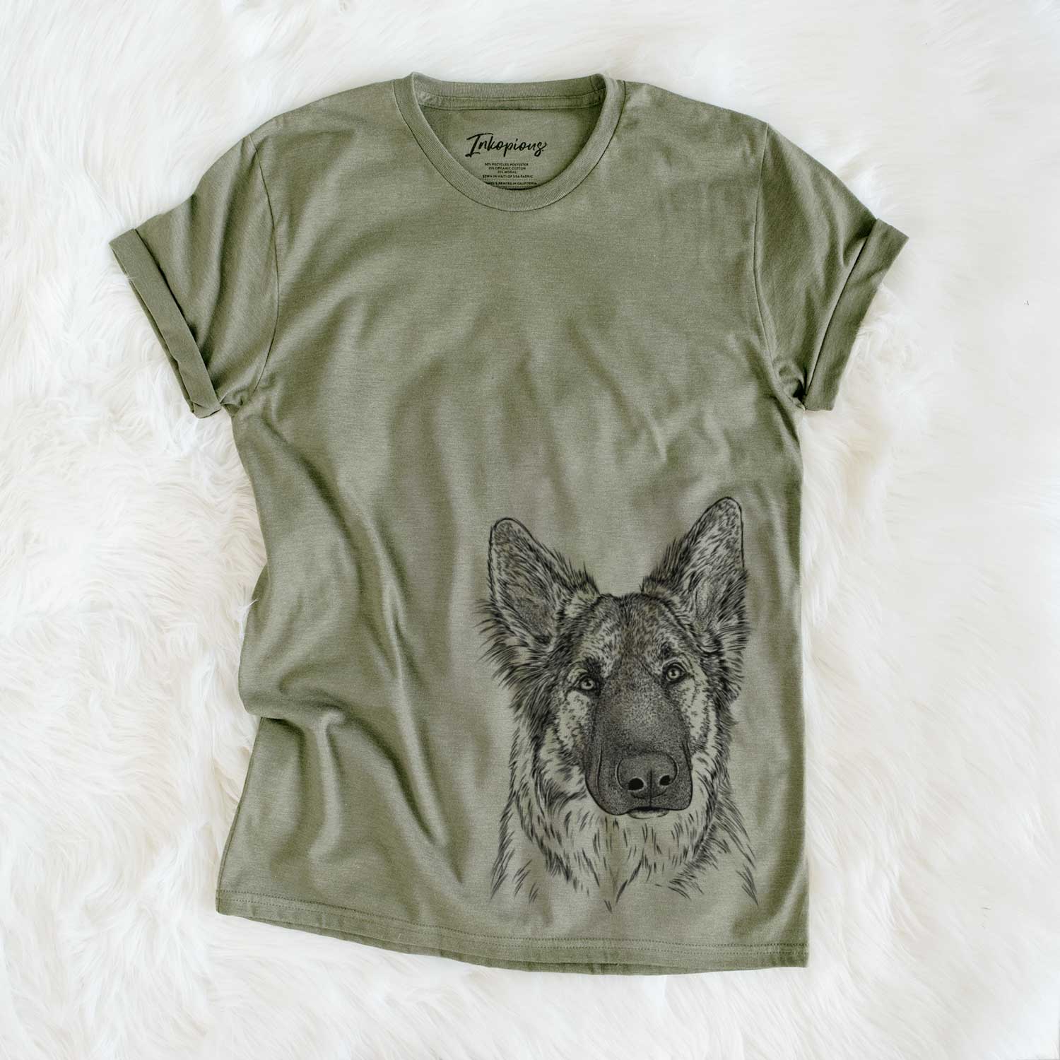 Hand-drawn sketch of Geddy the Shiloh Shepherd on an Olive Unisex crewneck