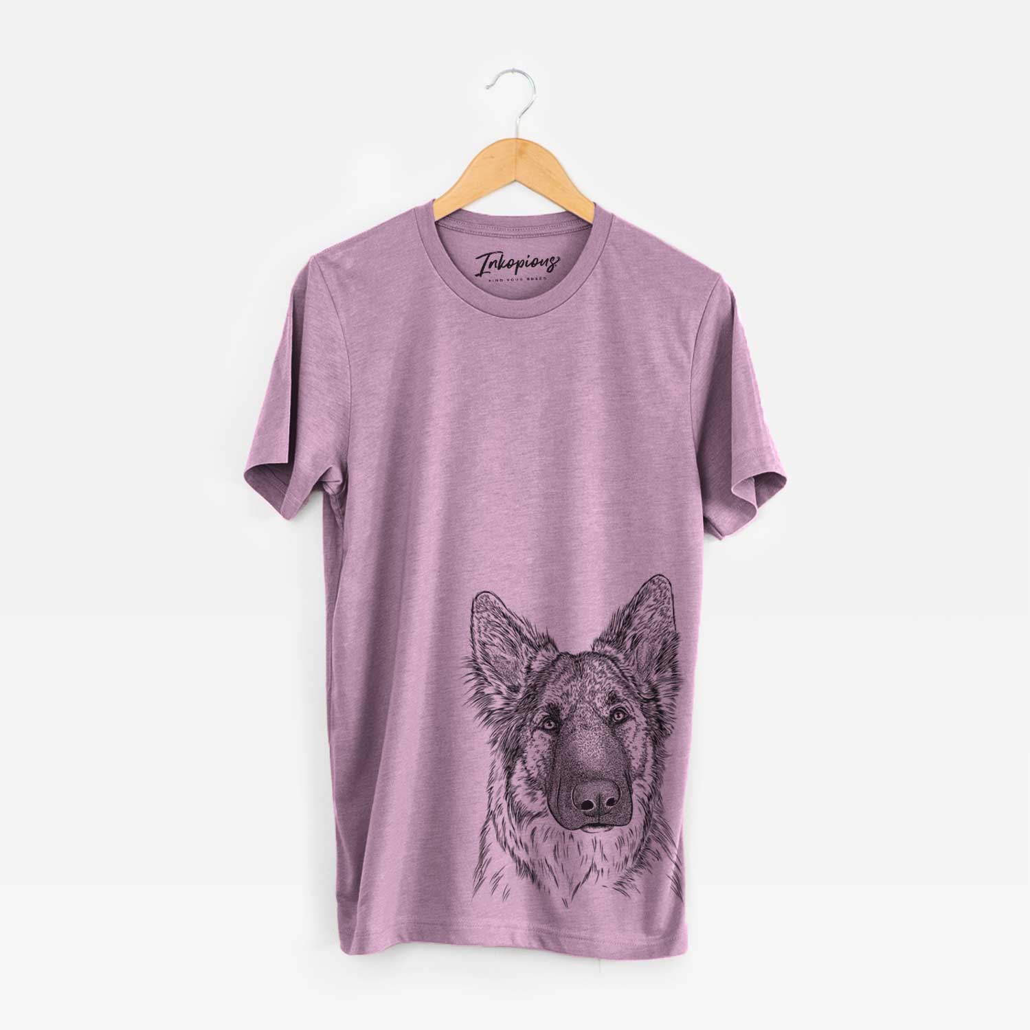 Hand-drawn sketch of Geddy the Shiloh Shepherd on an Orchid Unisex crewneck
