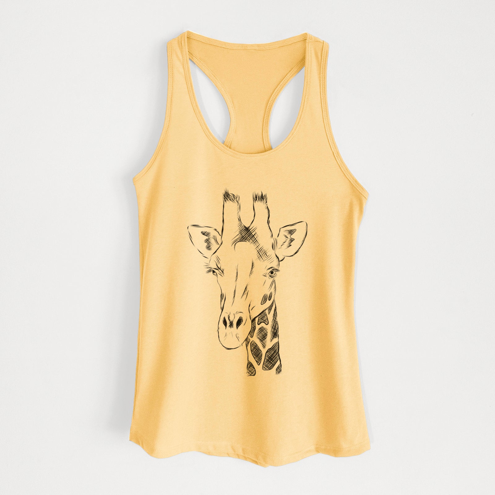 Hand-drawn sketch of Geoffrey the Giraffe on a Banana Cream Women's racerback tanktop