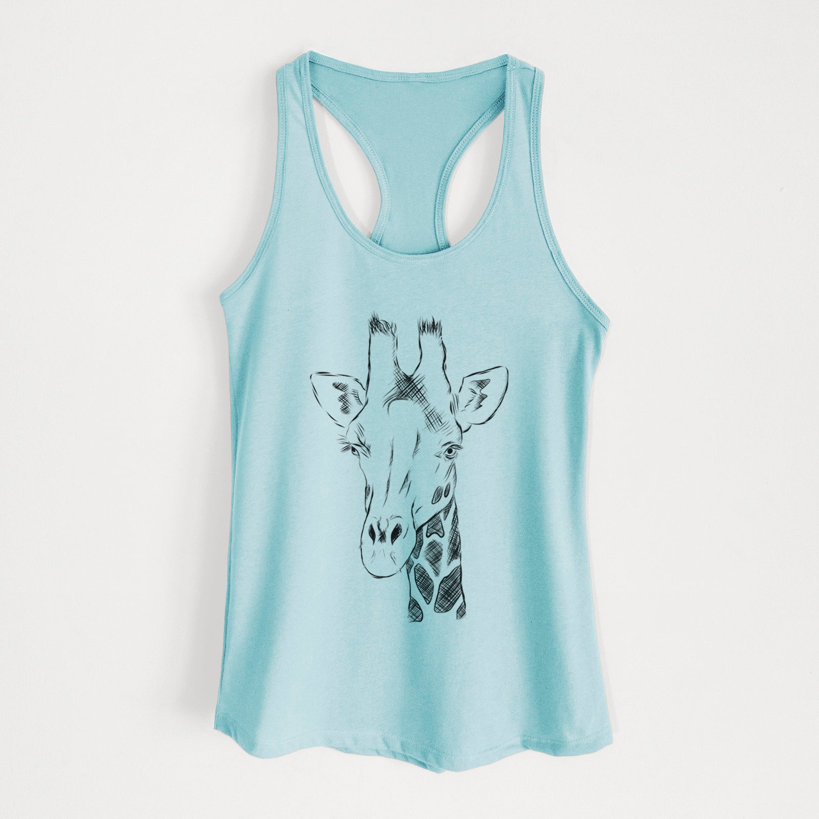 Hand-drawn sketch of Geoffrey the Giraffe on a Cancun Blue Women's racerback tanktop