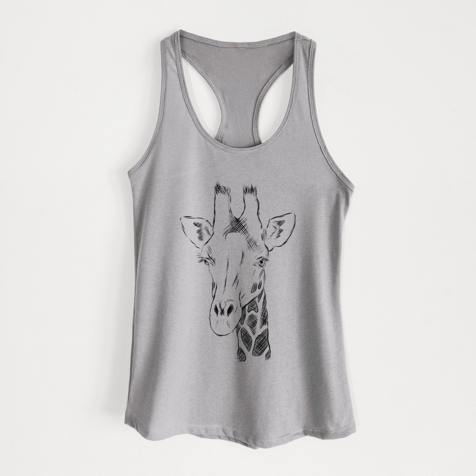 Hand-drawn sketch of Geoffrey the Giraffe on a Heather Grey Women's racerback tanktop