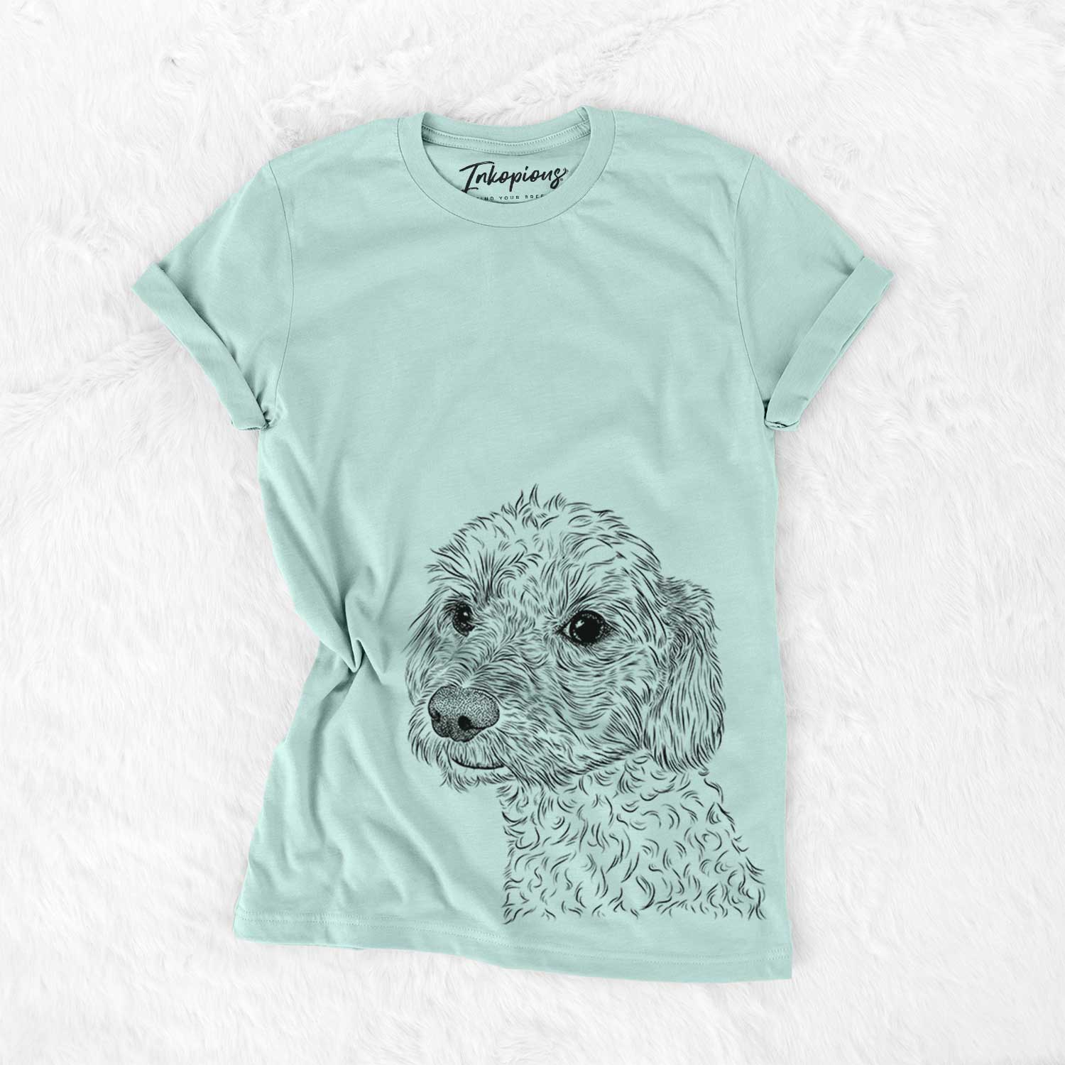 Hand-drawn sketch of Georgie Boy the Mixed Breed on a Heather Sage Bella Canvas Unisex Crewneck