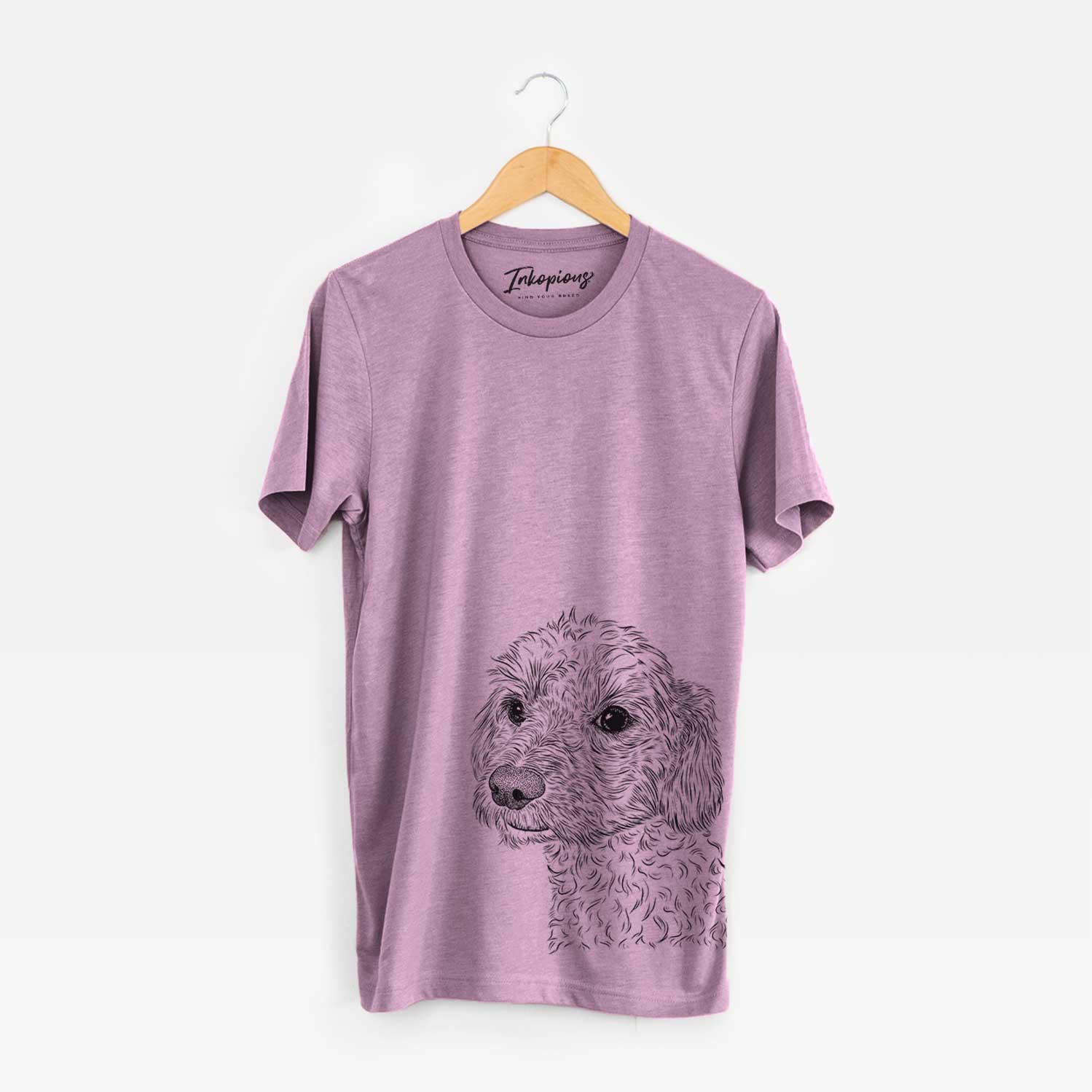 Hand-drawn sketch of Georgie Boy the Mixed Breed on an Orchid Bella Canvas Unisex Crewneck